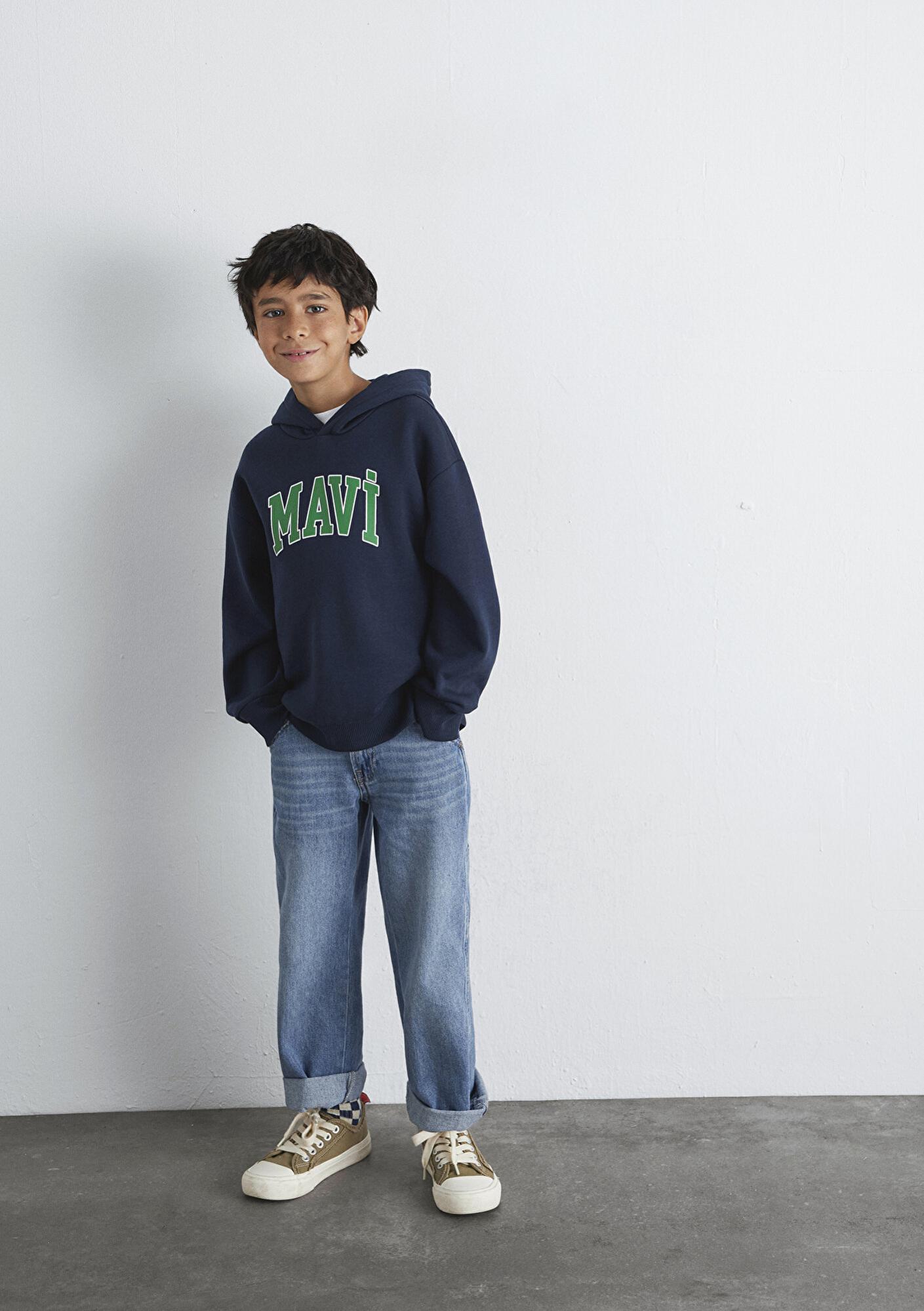 Mavi Mavi Logo Baskılı Lacivert Kapüşonlu Sweatshirt 6610110-70490