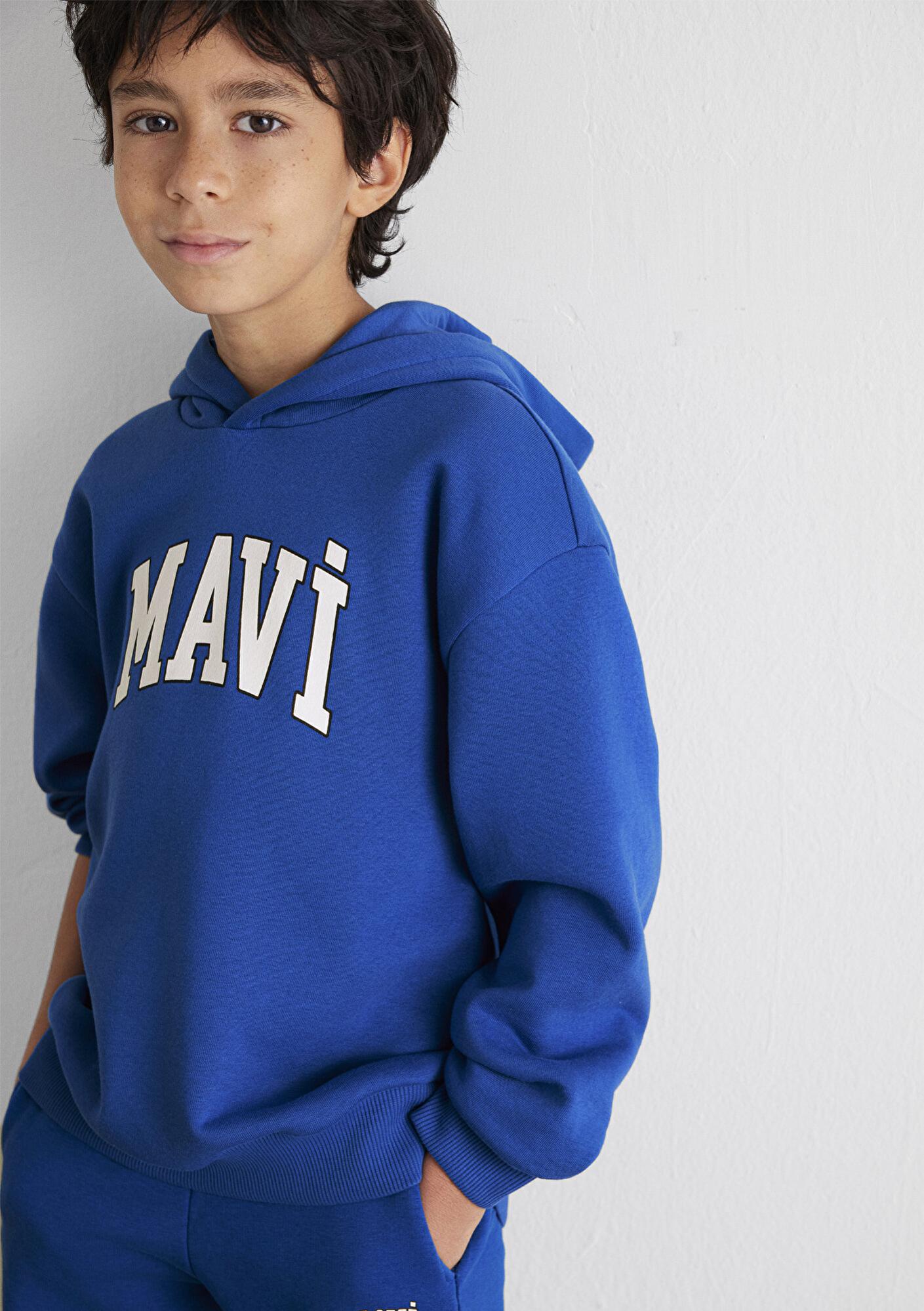 Mavi Mavi Logo Baskılı Mavi Kapüşonlu Sweatshirt 6610110-70896