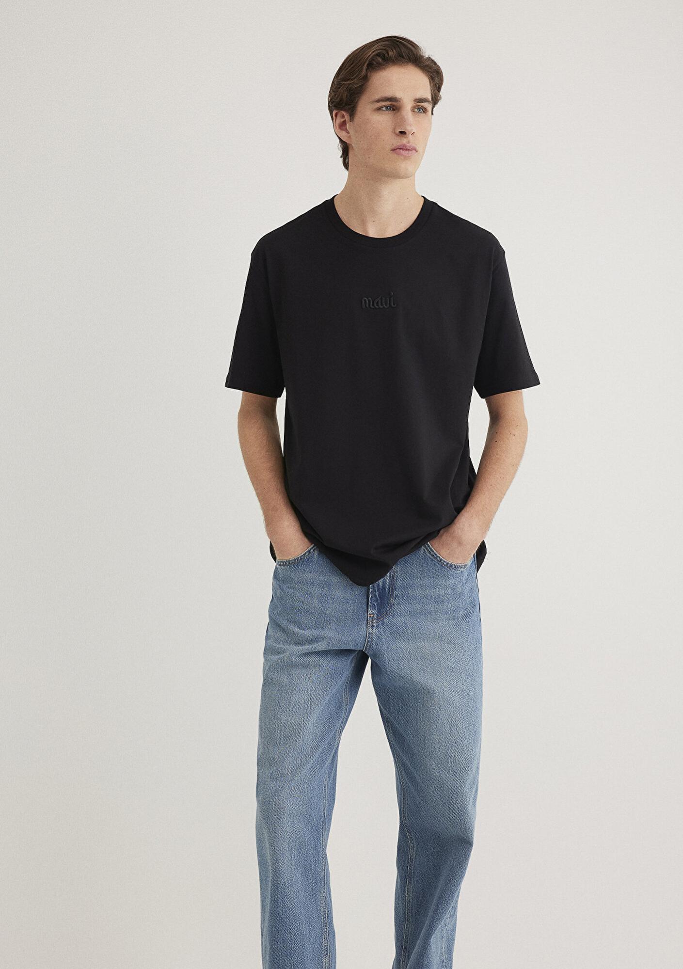 Mavi Mavi Nakışlı Siyah Basic Tişört Loose Fit / Bol Rahat Kesim 0610100-900