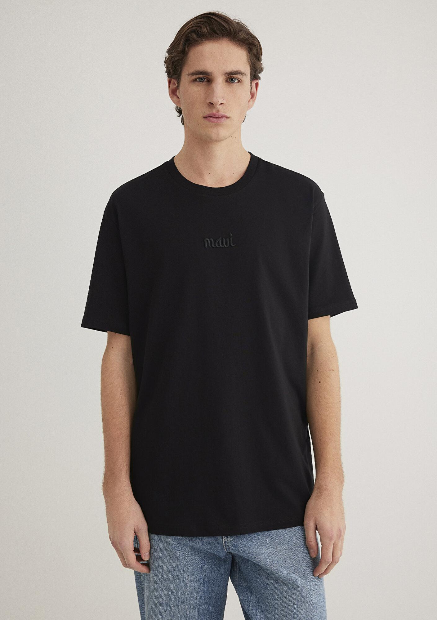 Mavi Mavi Nakışlı Siyah Basic Tişört Loose Fit / Bol Rahat Kesim 0610100-900