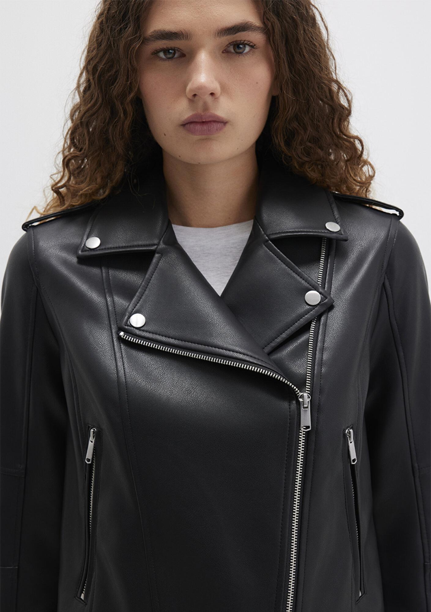 Mavi Biker Yaka Siyah Suni Deri Ceket Fitted / Vücuda Oturan Kesim 1110221-900