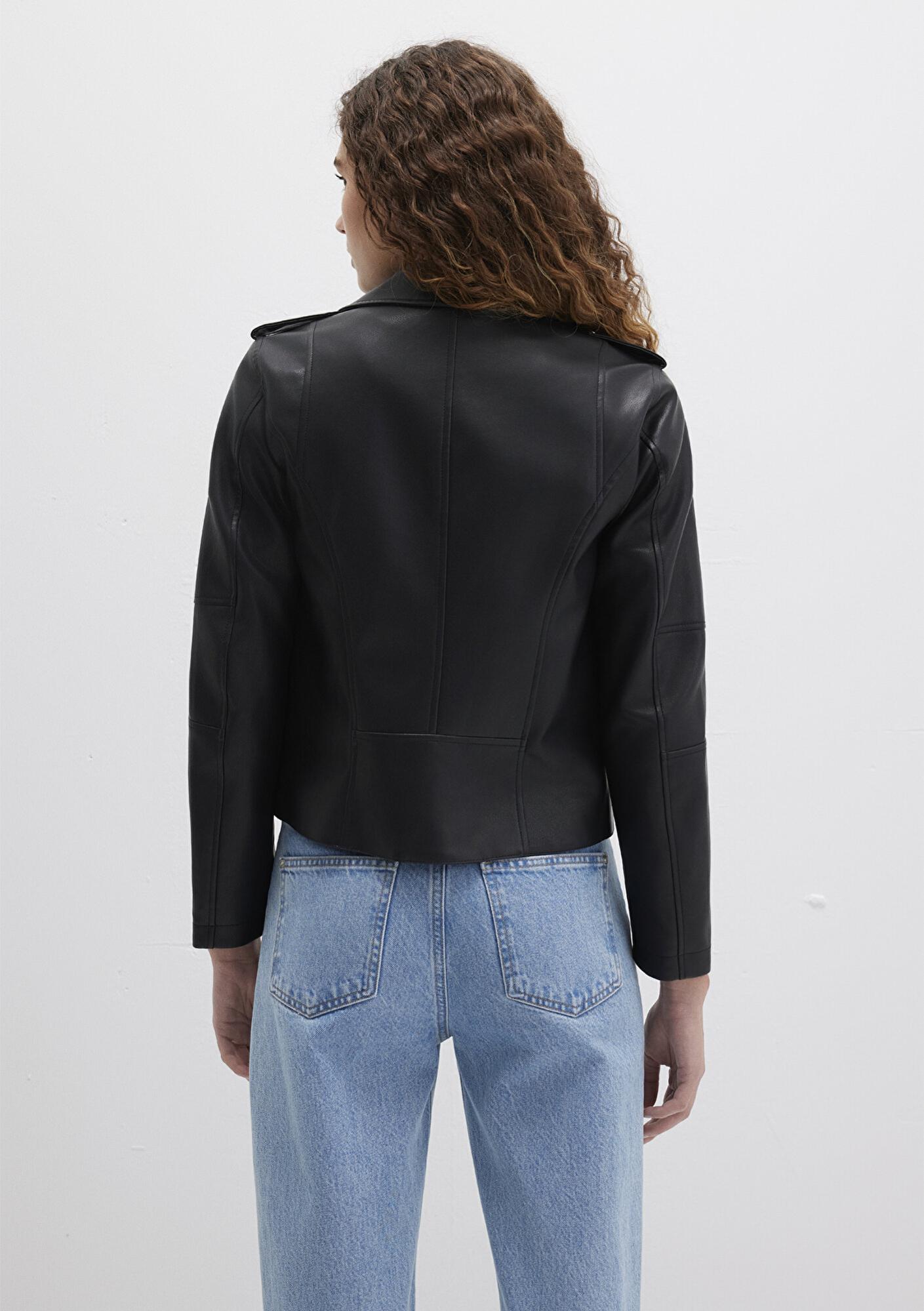 Mavi Biker Yaka Siyah Suni Deri Ceket Fitted / Vücuda Oturan Kesim 1110221-900