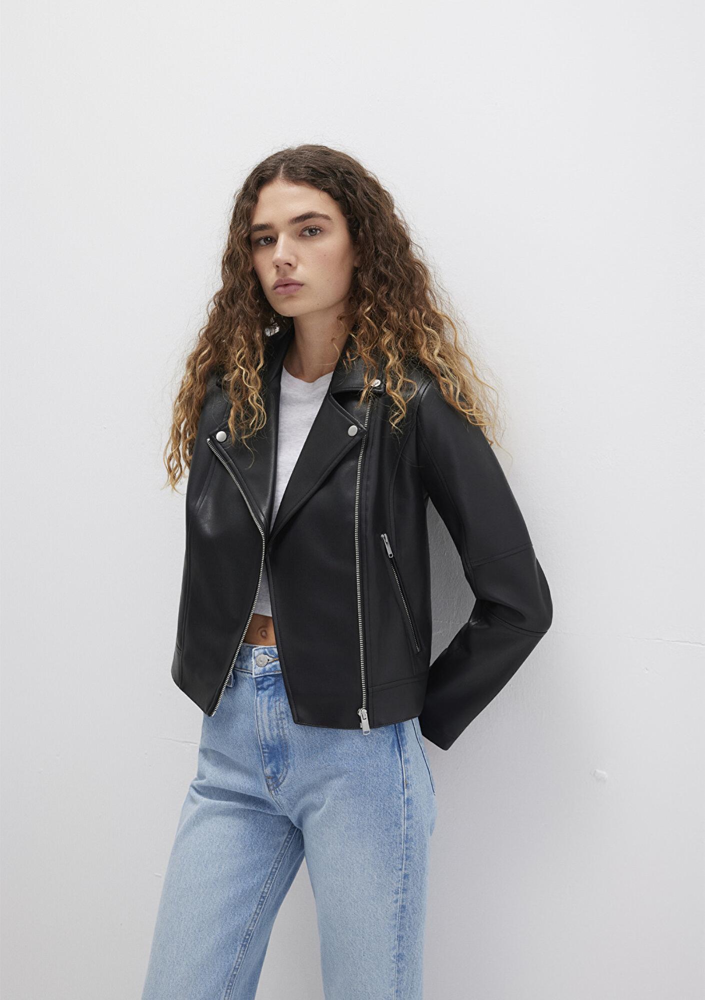 Mavi Biker Yaka Siyah Suni Deri Ceket Fitted / Vücuda Oturan Kesim 1110221-900