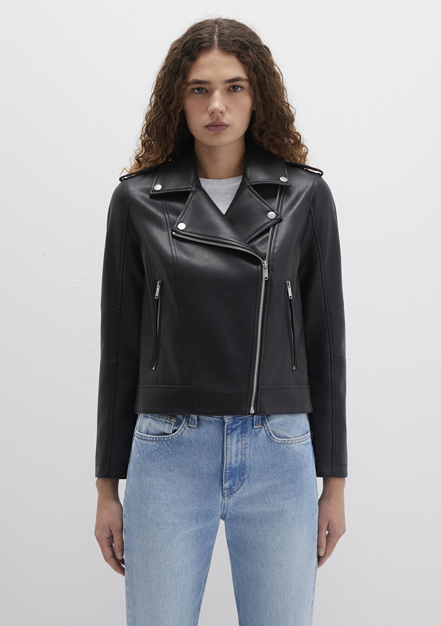 Mavi Biker Yaka Siyah Suni Deri Ceket Fitted / Vücuda Oturan Kesim 1110221-900