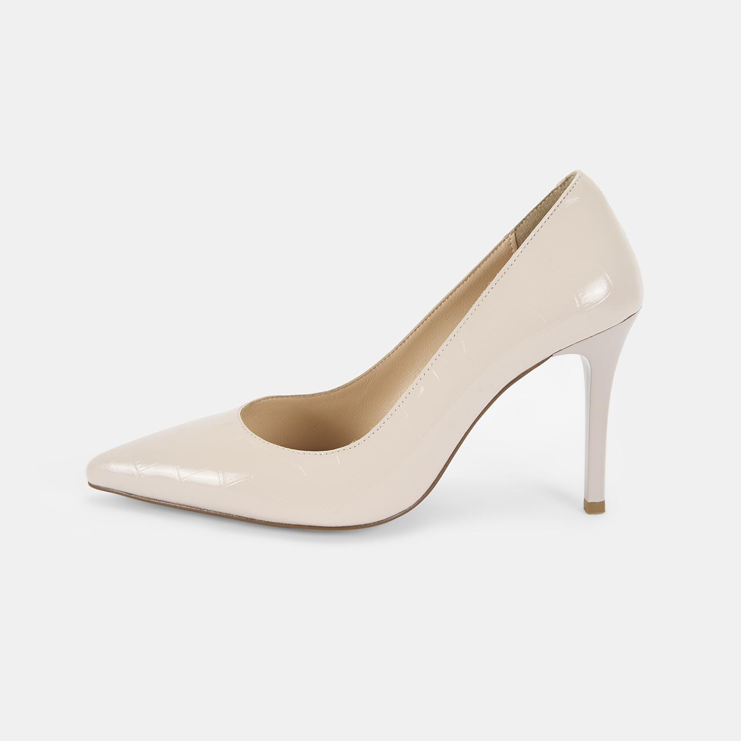 Kadın Krem Kroko Baskılı Deri Klasik Ayakkabı