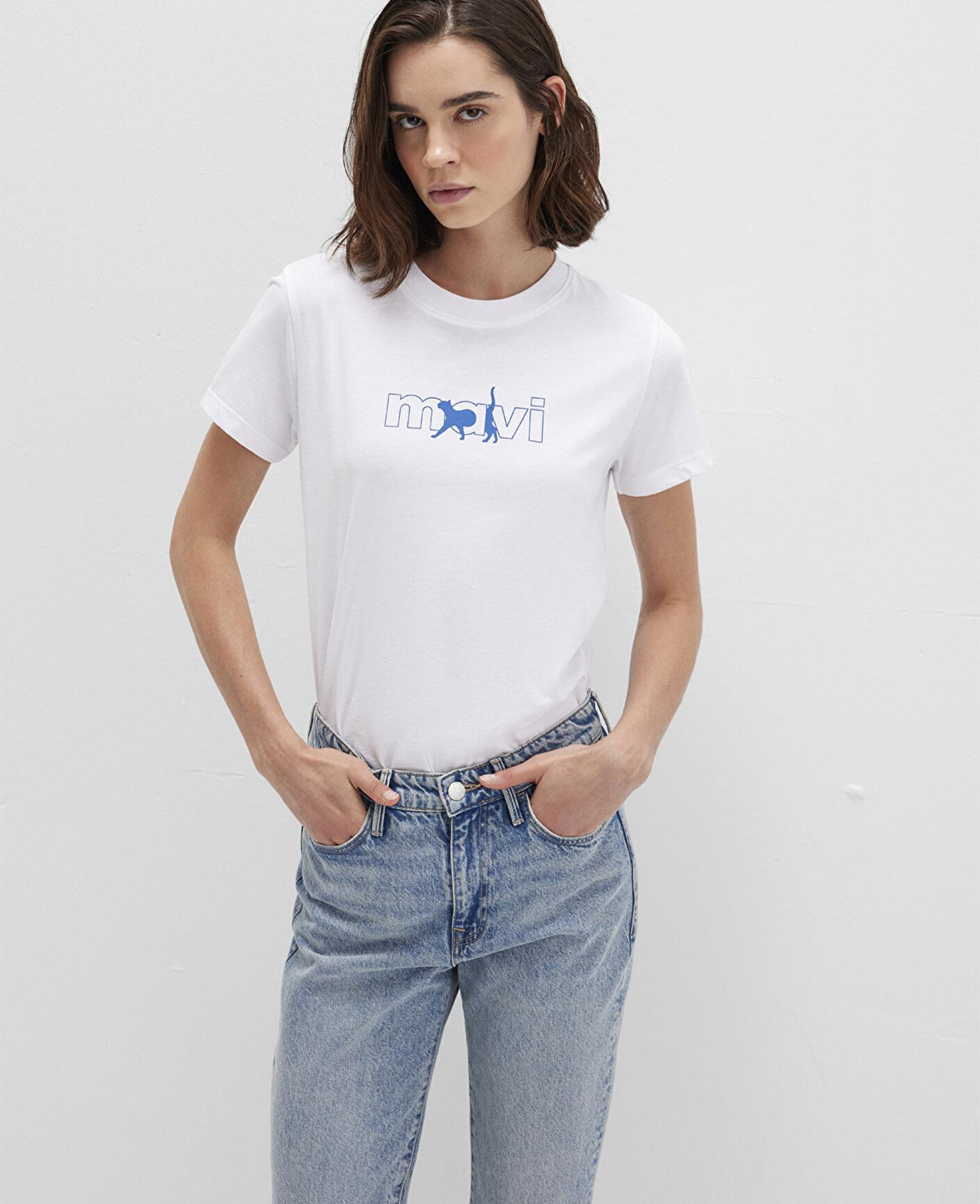 Mavi Mavi Kedi Logo Baskılı Beyaz Tişört Regular Fit / Normal Kesim 1611478-620