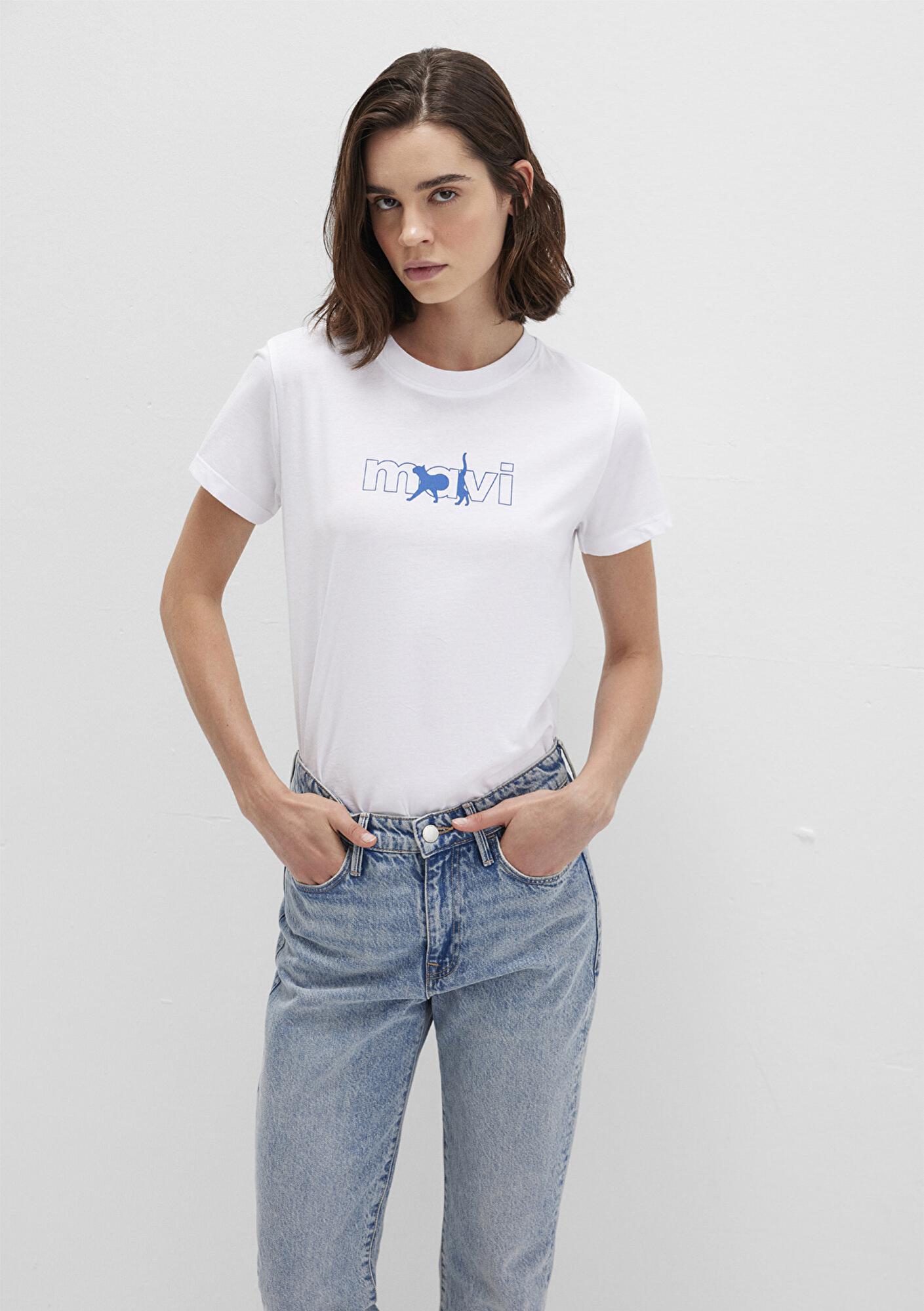 Mavi Mavi Kedi Logo Baskılı Beyaz Tişört Regular Fit / Normal Kesim 1611478-620