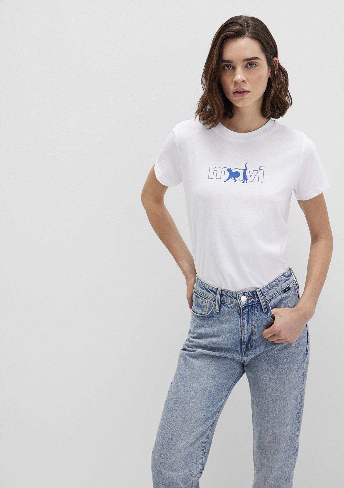 Mavi Mavi Kedi Logo Baskılı Beyaz Tişört Regular Fit / Normal Kesim 1611478-620