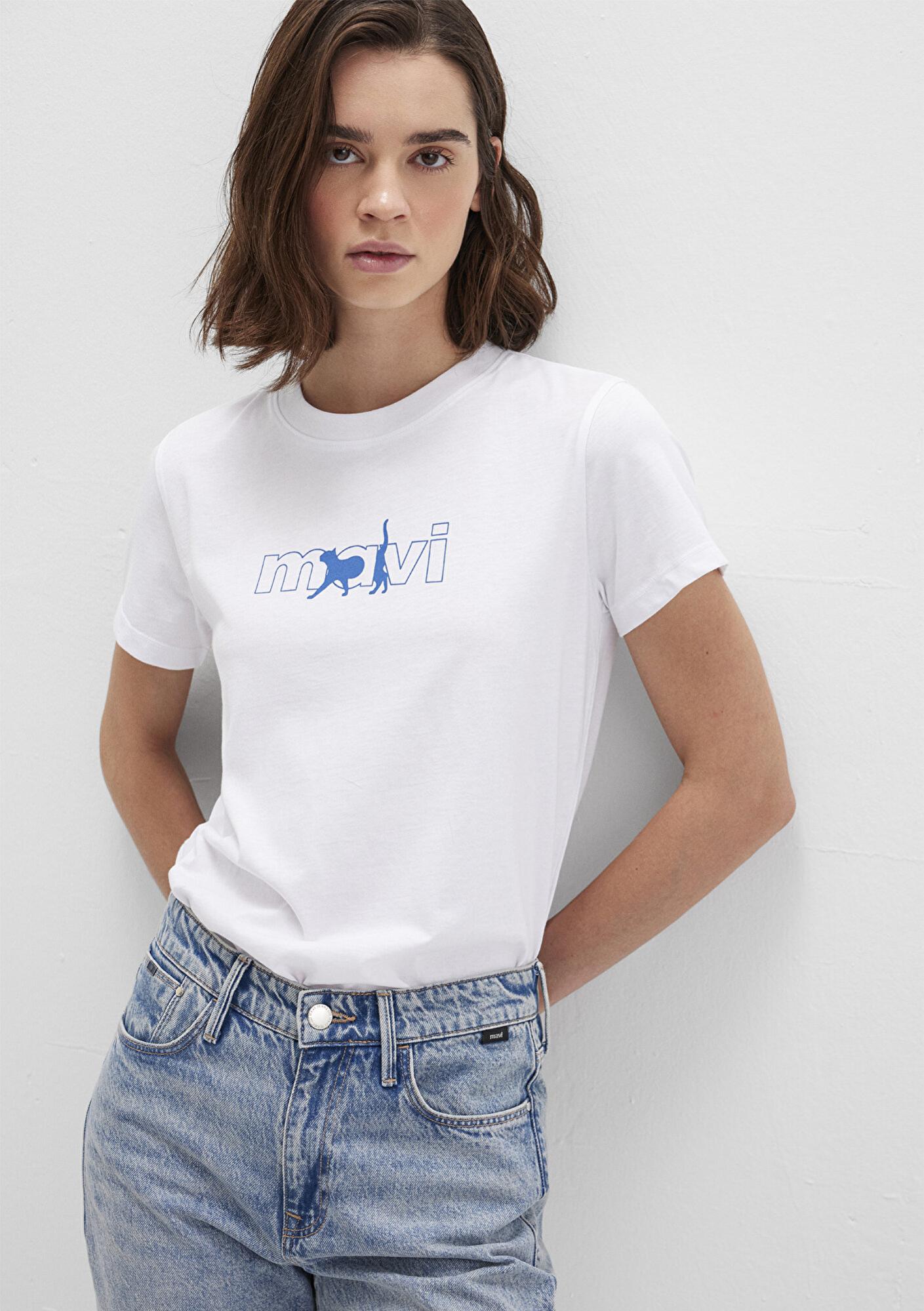 Mavi Mavi Kedi Logo Baskılı Beyaz Tişört Regular Fit / Normal Kesim 1611478-620