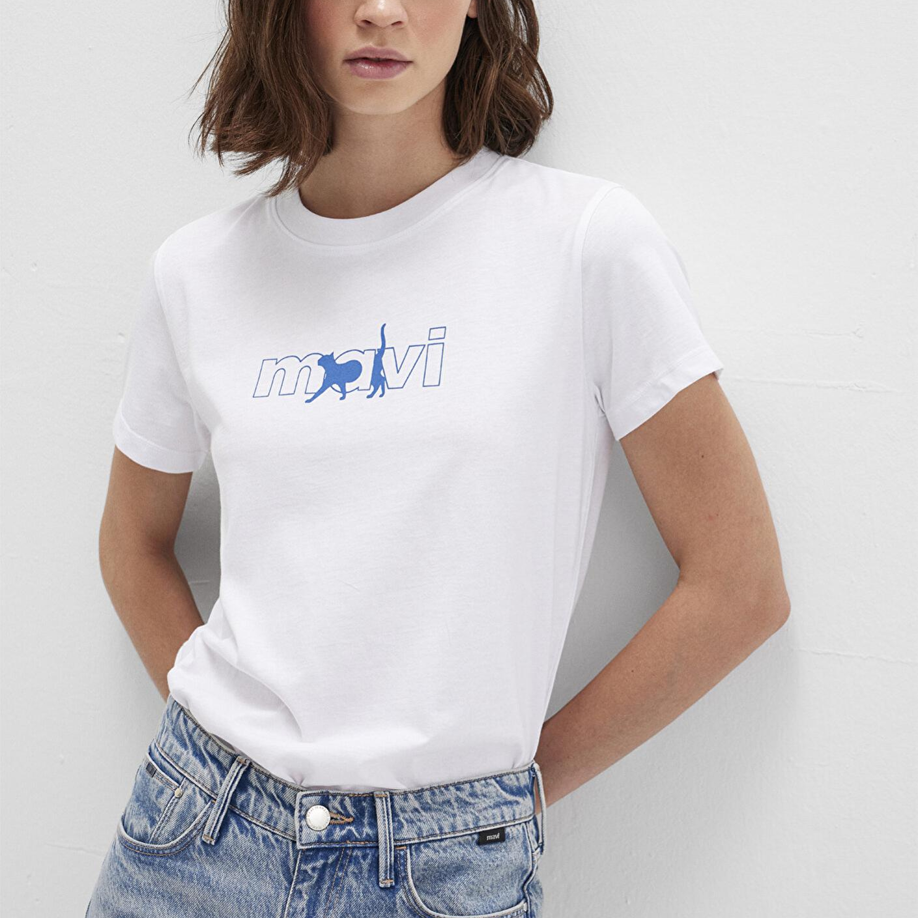 Mavi Mavi Kedi Logo Baskılı Beyaz Tişört Regular Fit / Normal Kesim 1611478-620