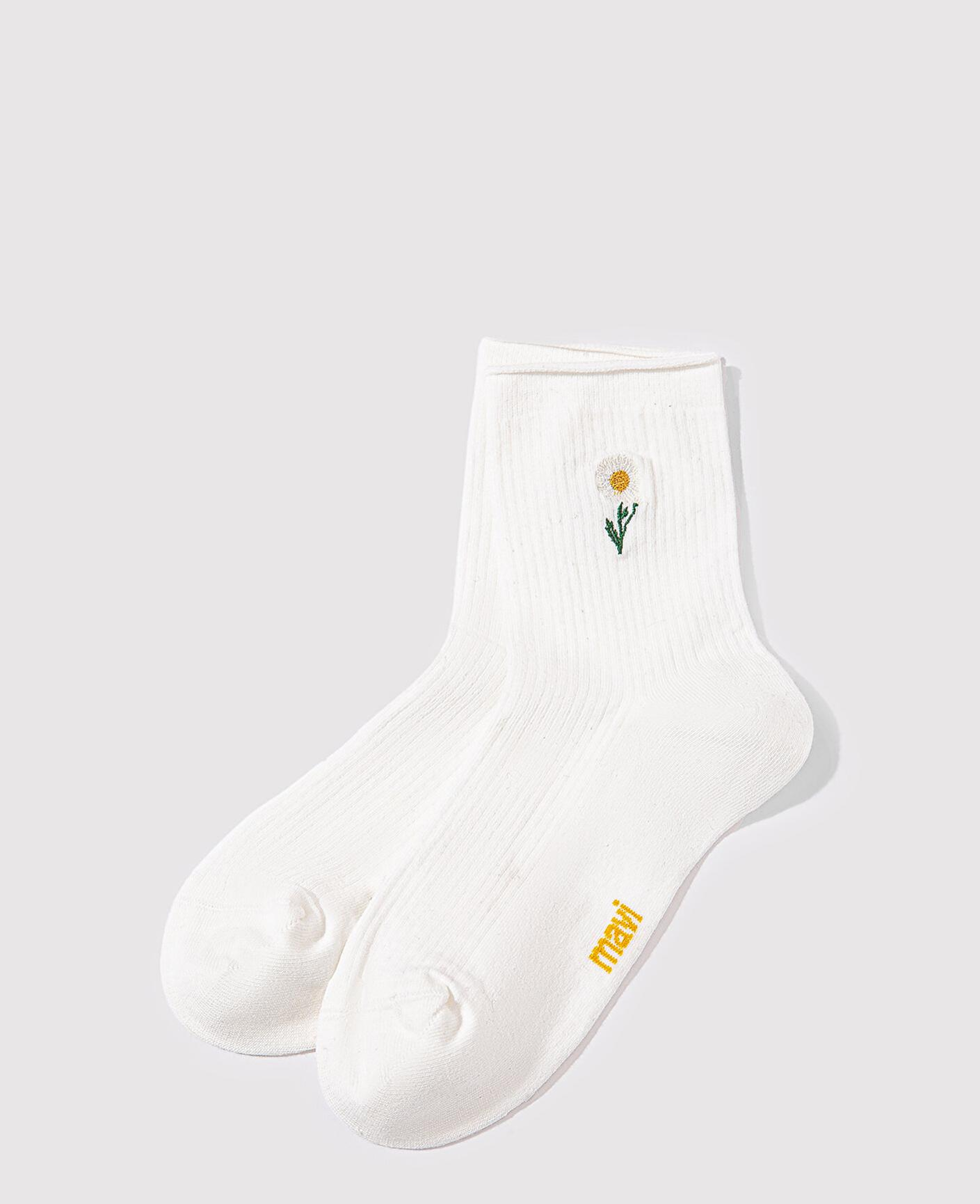 Mavi Çiçek Nakışlı Ekru Soket Çorap 1911371-34523