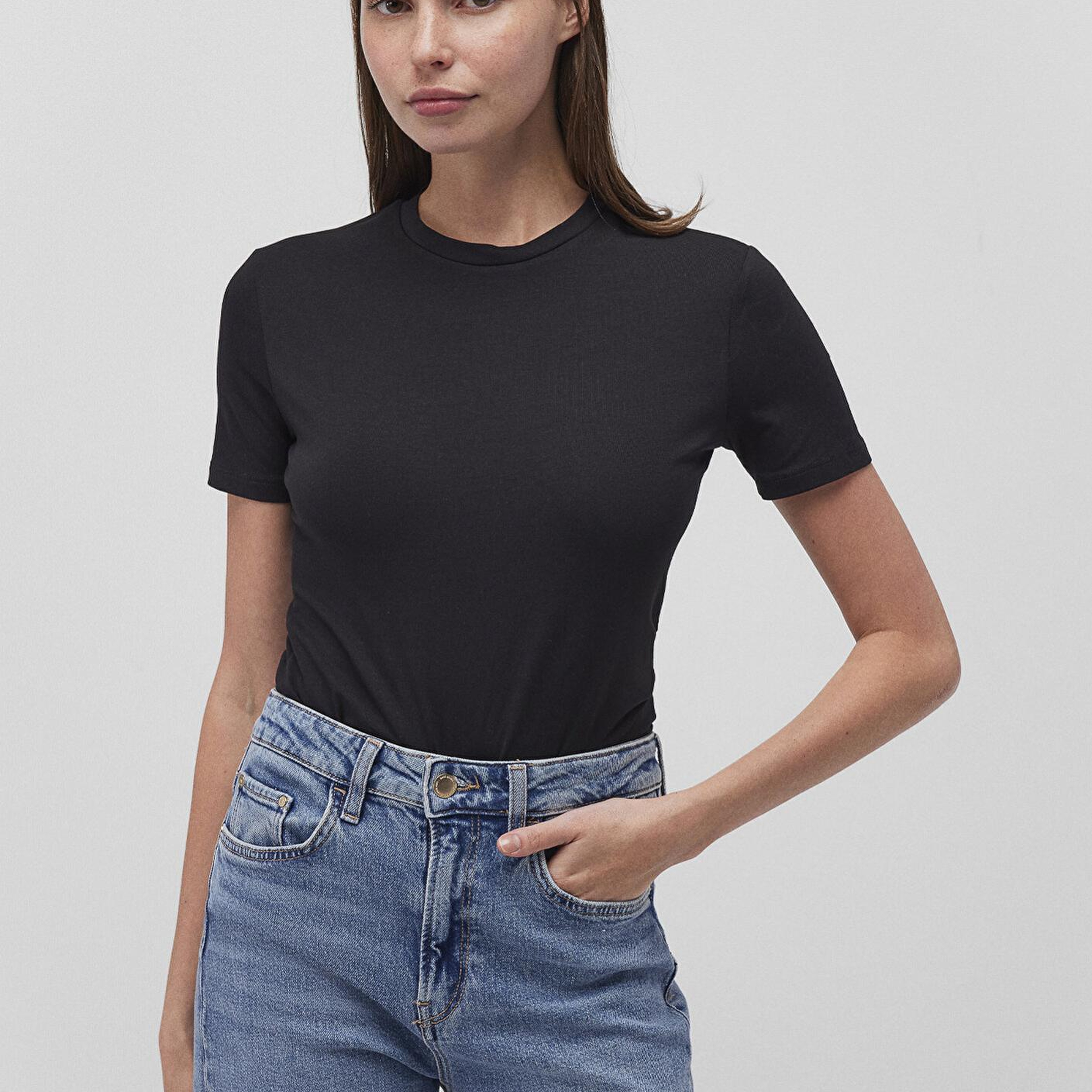 Mavi 2li Siyah Beyaz Kadın Basic Tişört Fitted / Vücuda Oturan Kesim 1611372-900