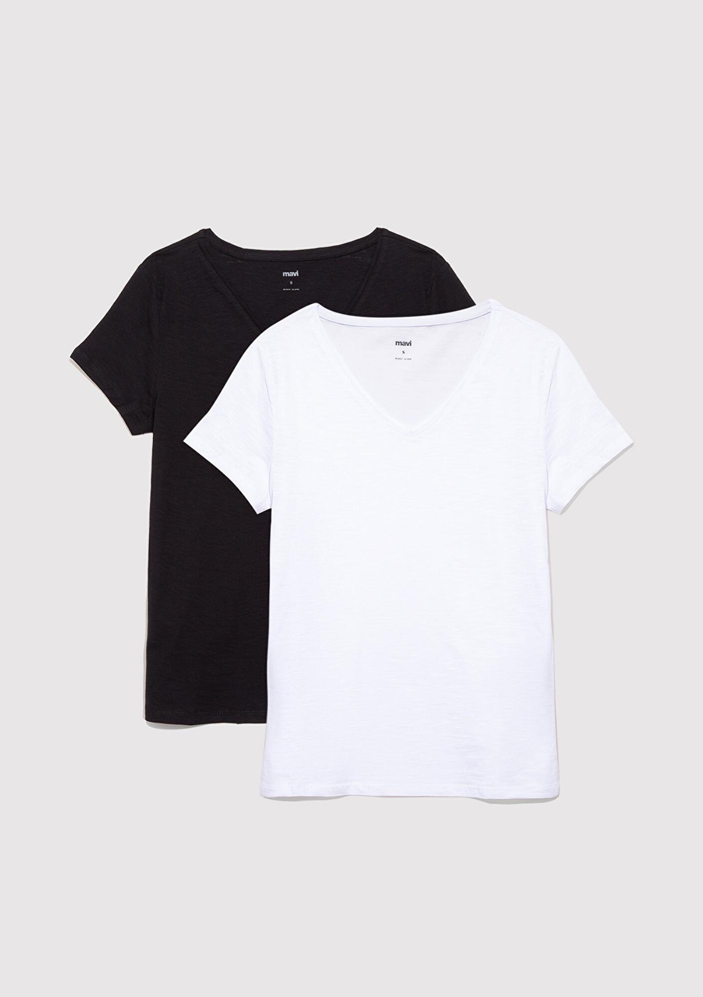 Mavi 2li Siyah Beyaz Kadın V Yaka Basic Tişört Slim Fit / Dar Kesim 1611371-900