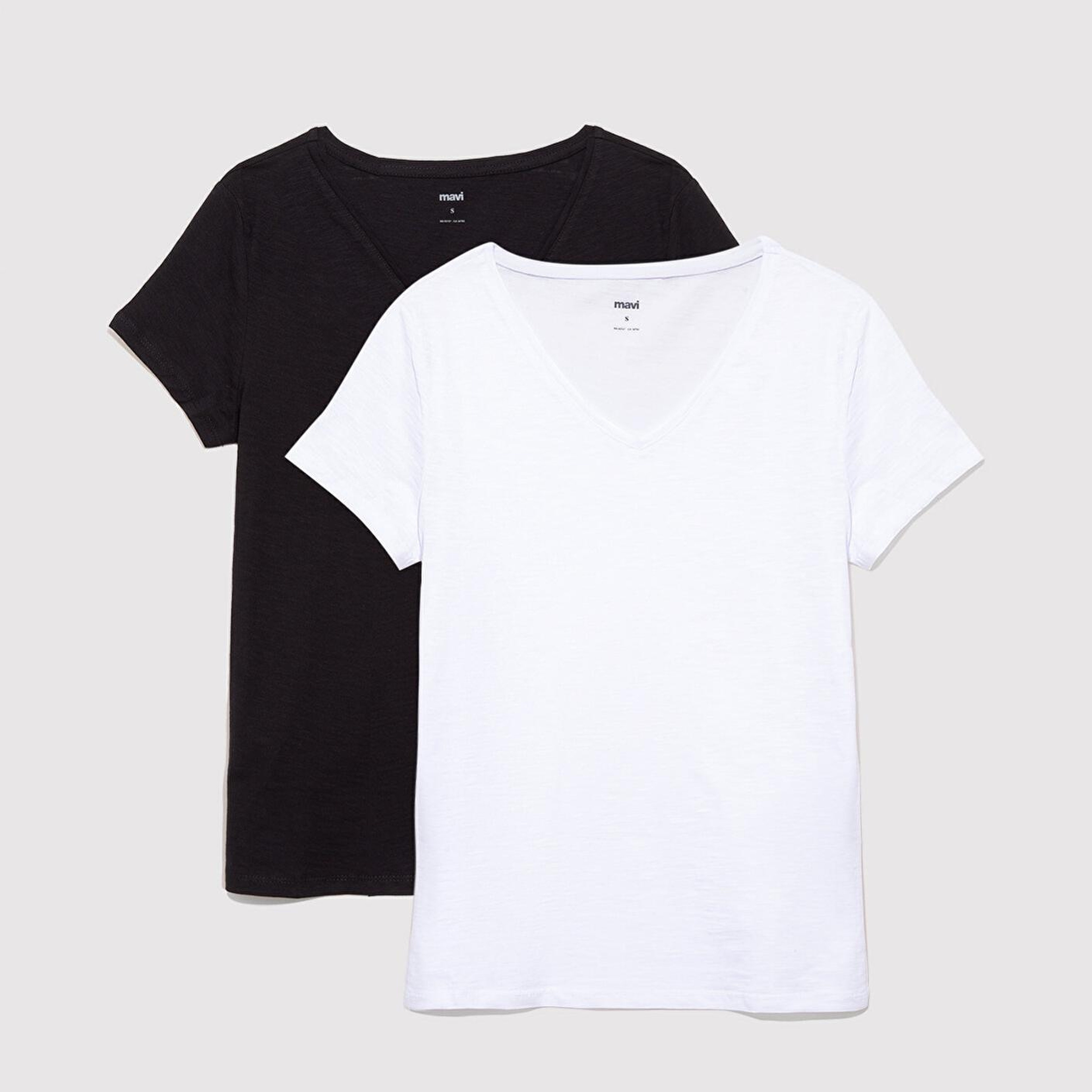 Mavi 2li Siyah Beyaz Kadın V Yaka Basic Tişört Slim Fit / Dar Kesim 1611371-900