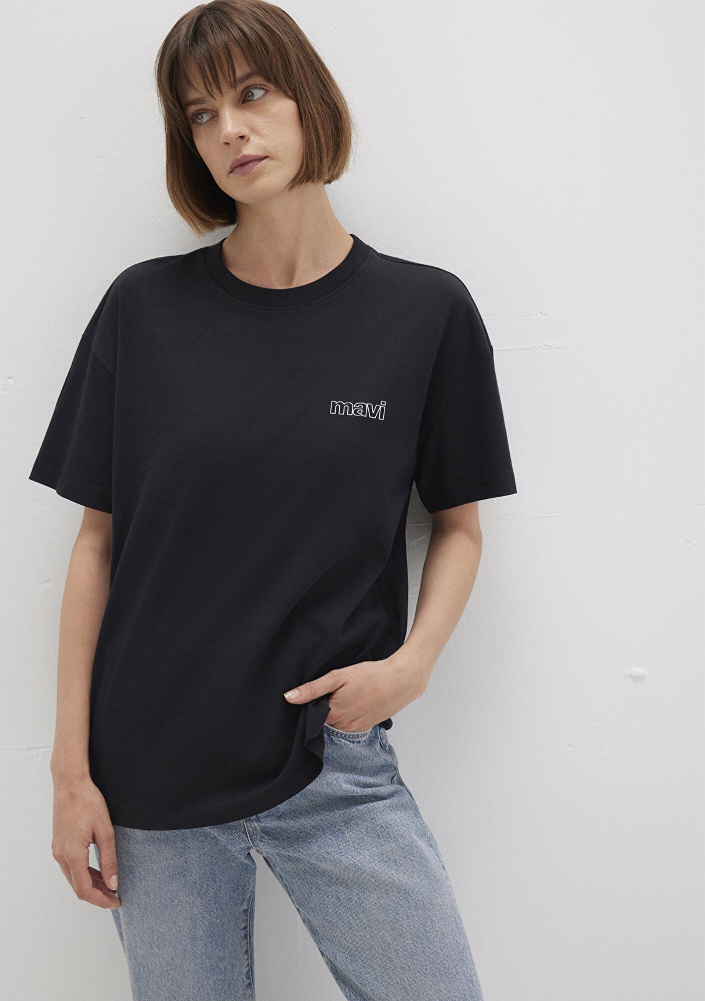 Mavi Mavi Logo Baskılı Siyah Tişört Loose Fit / Bol Rahat Kesim 1611309-900