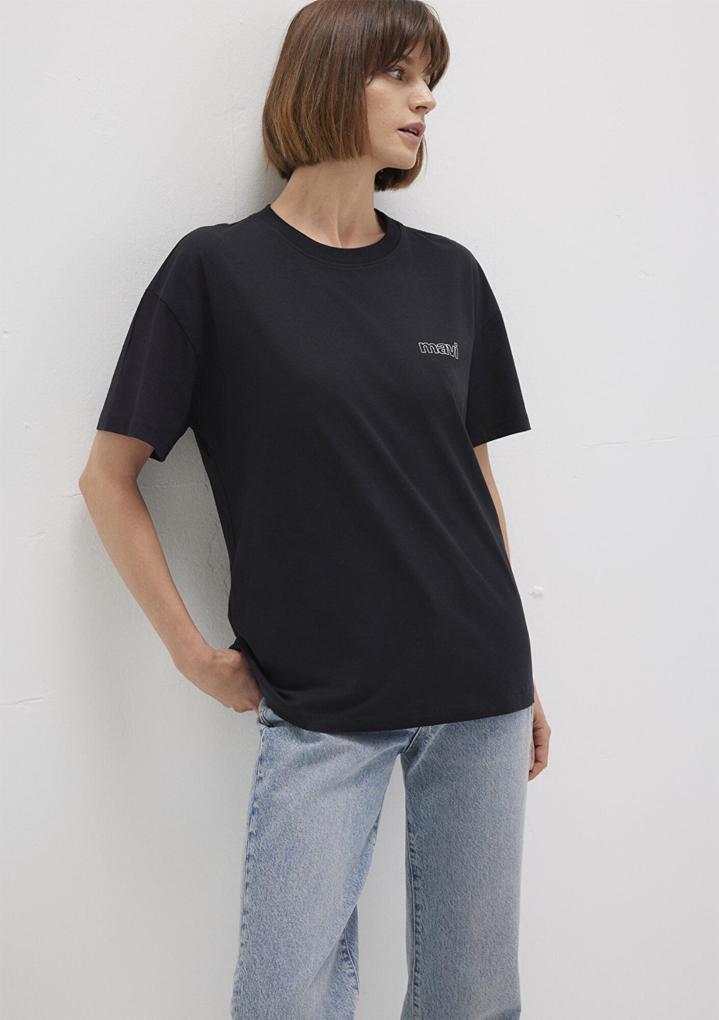 Mavi Mavi Logo Baskılı Siyah Tişört Loose Fit / Bol Rahat Kesim 1611309-900