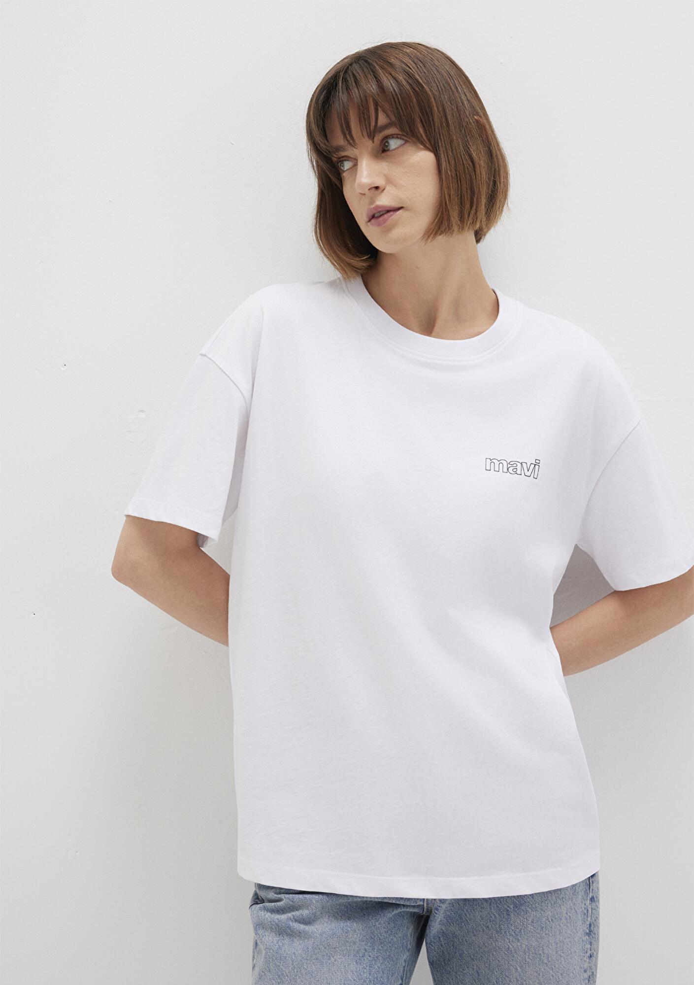 Mavi Mavi Logo Baskılı Beyaz Tişört Loose Fit / Bol Rahat Kesim 1611309-620