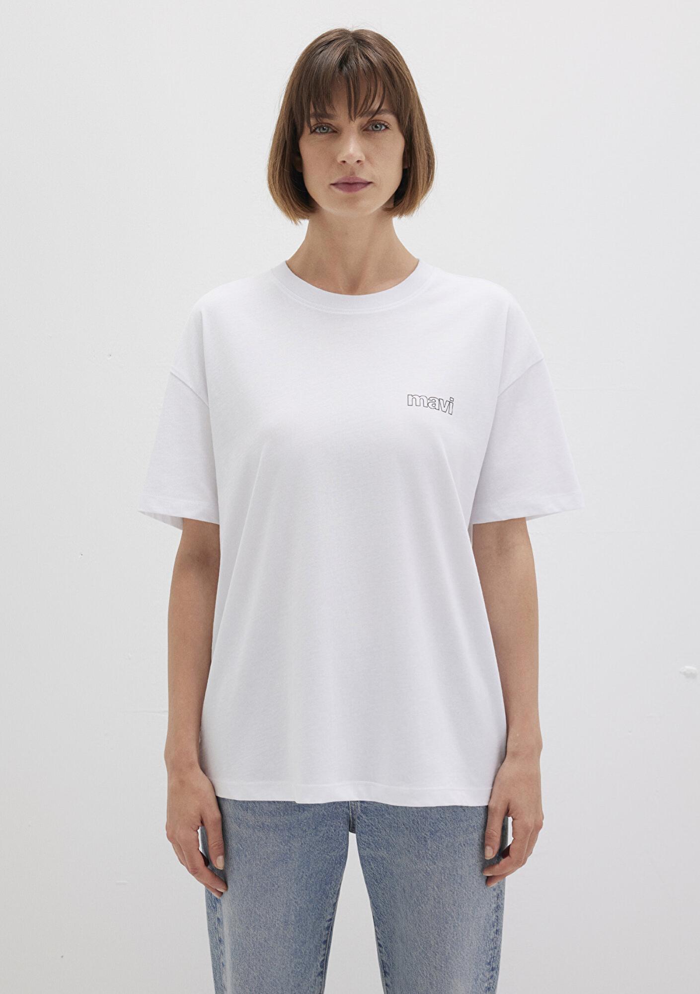 Mavi Mavi Logo Baskılı Beyaz Tişört Loose Fit / Bol Rahat Kesim 1611309-620