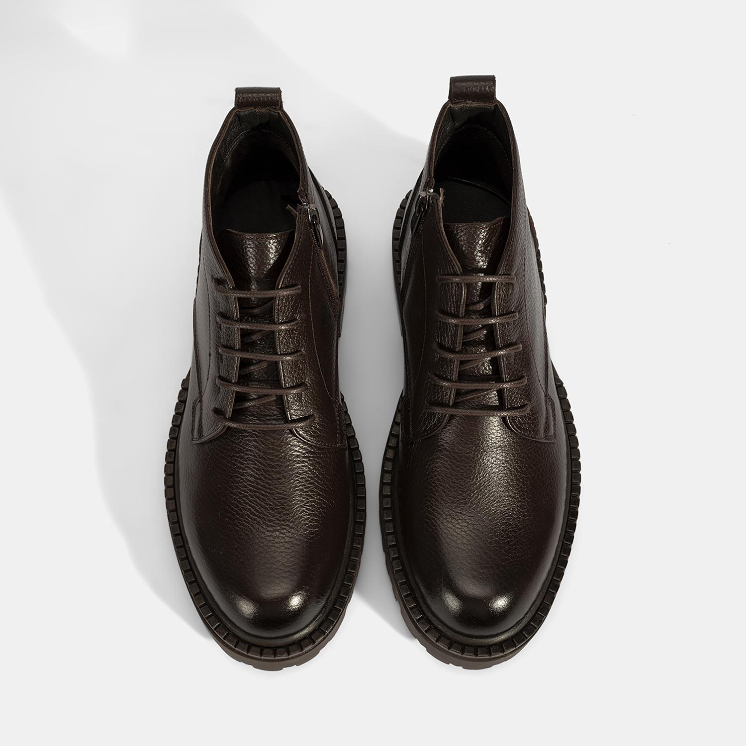 Erkek Kahve Bağcıklı Kalın Tabanlı Deri Postal Bot