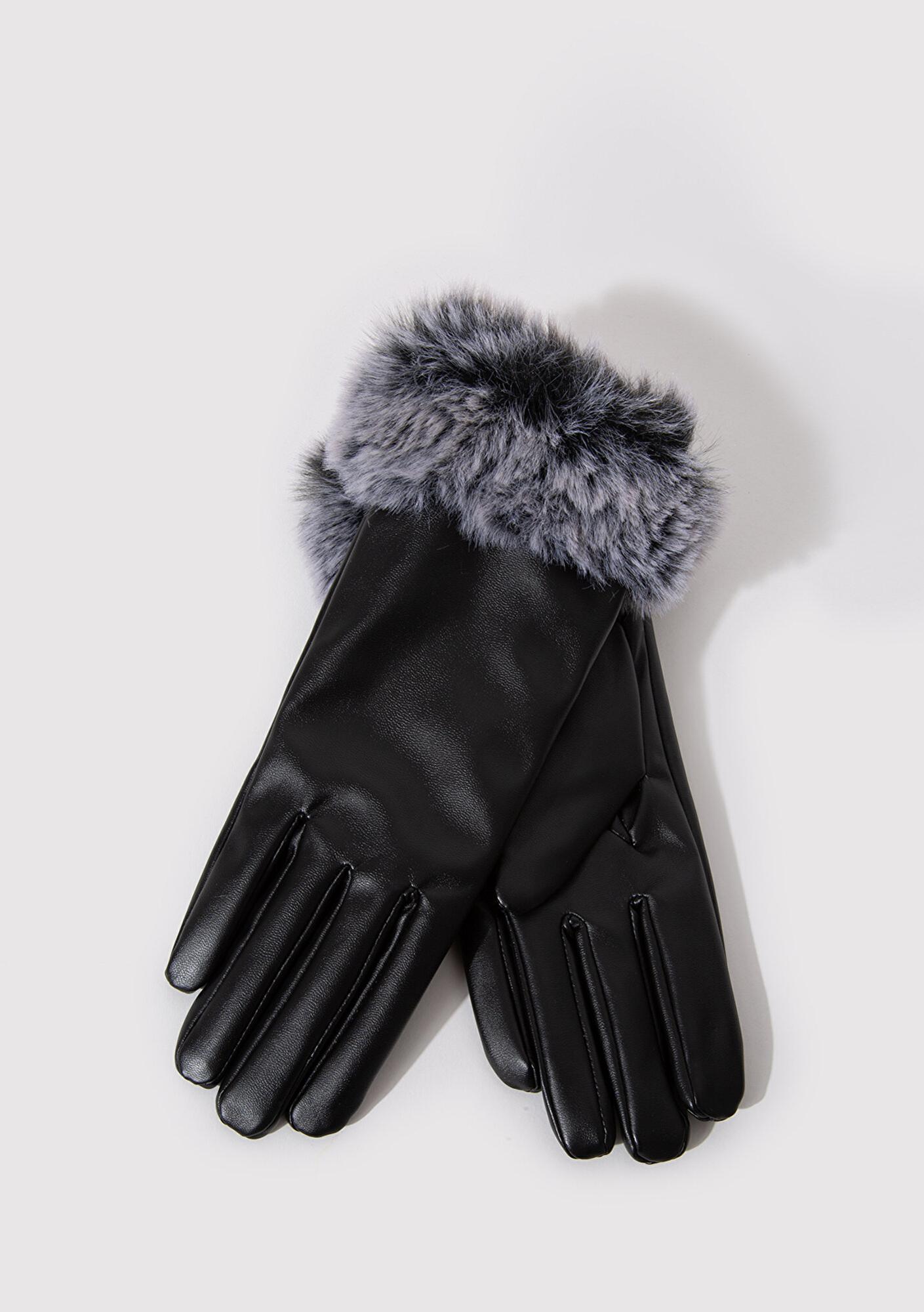Mavi Suni Kürk Detaylı Siyah Suni Deri Eldiven 1910652-900