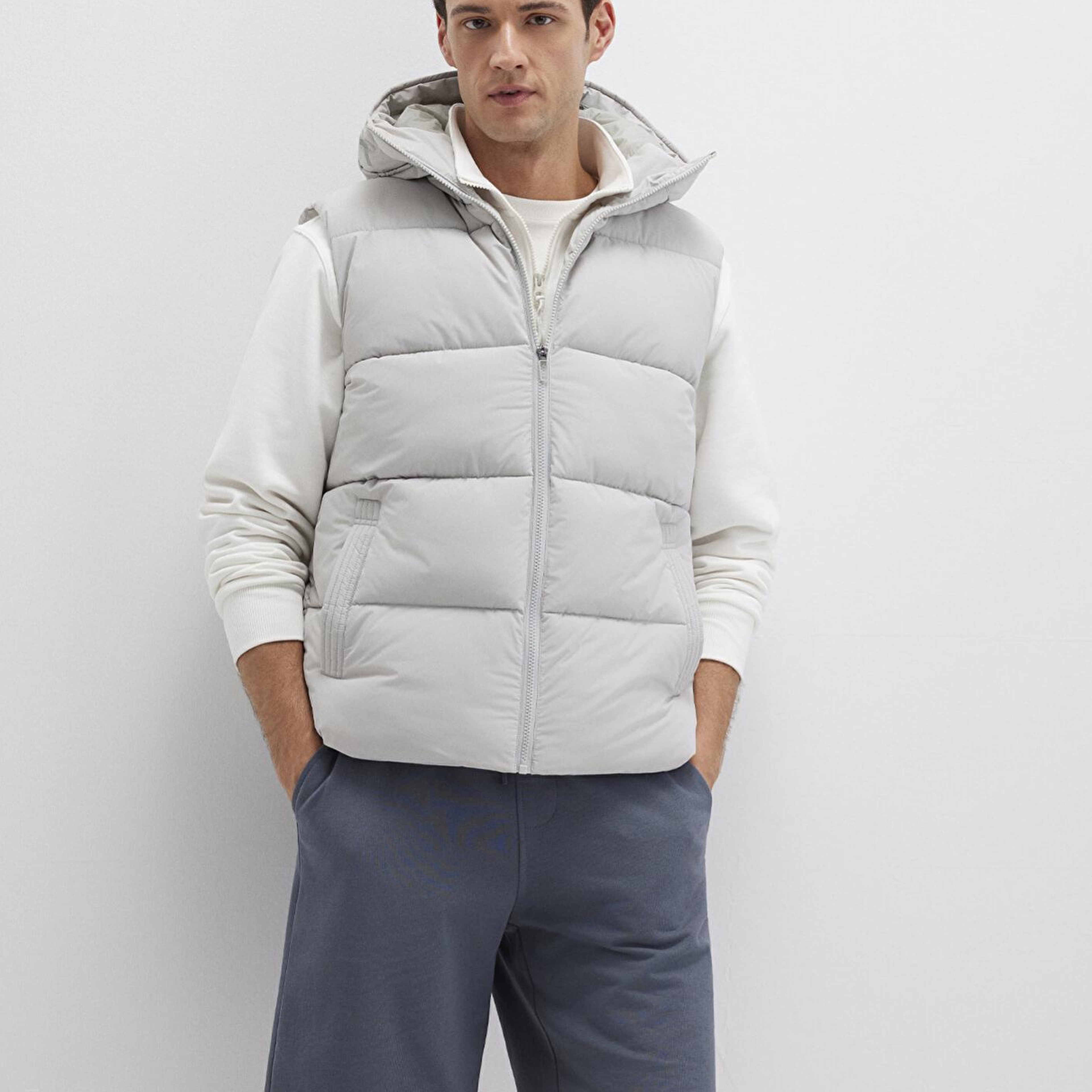 Mavi Kapüşonlu Açık Gri Şişme Yelek Regular Fit / Normal Kesim 0110089-70075