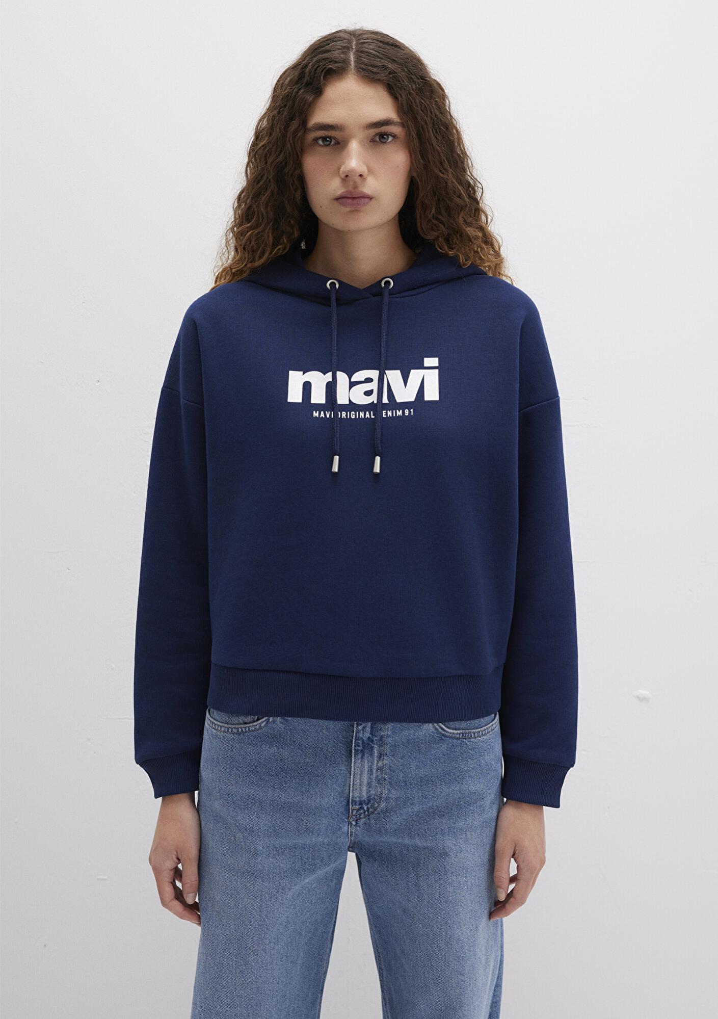 Mavi Mavi Logo Baskılı Kapüşonlu Lacivert Sweatshirt 168334-70488