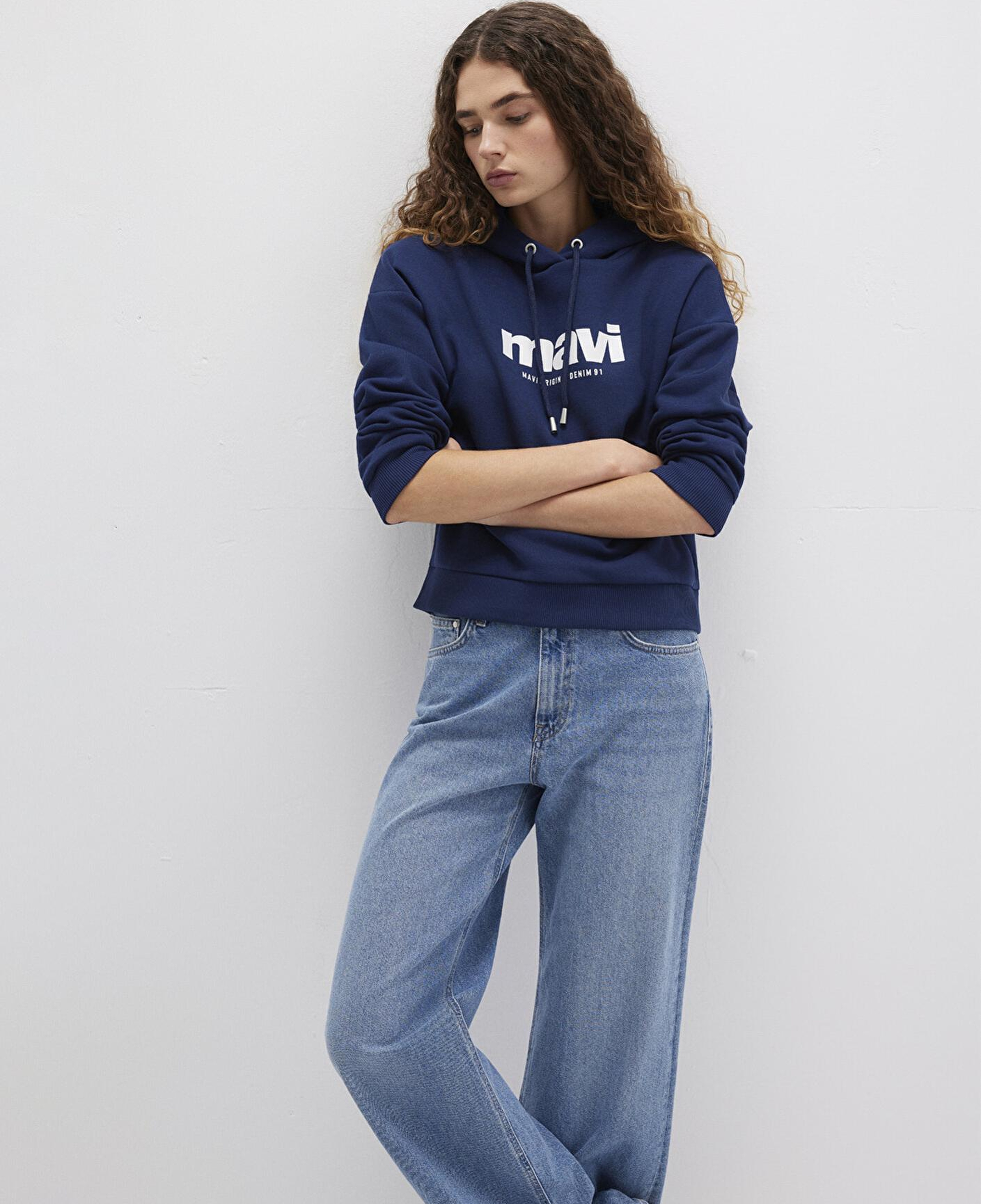 Mavi Mavi Logo Baskılı Kapüşonlu Lacivert Sweatshirt 168334-70488