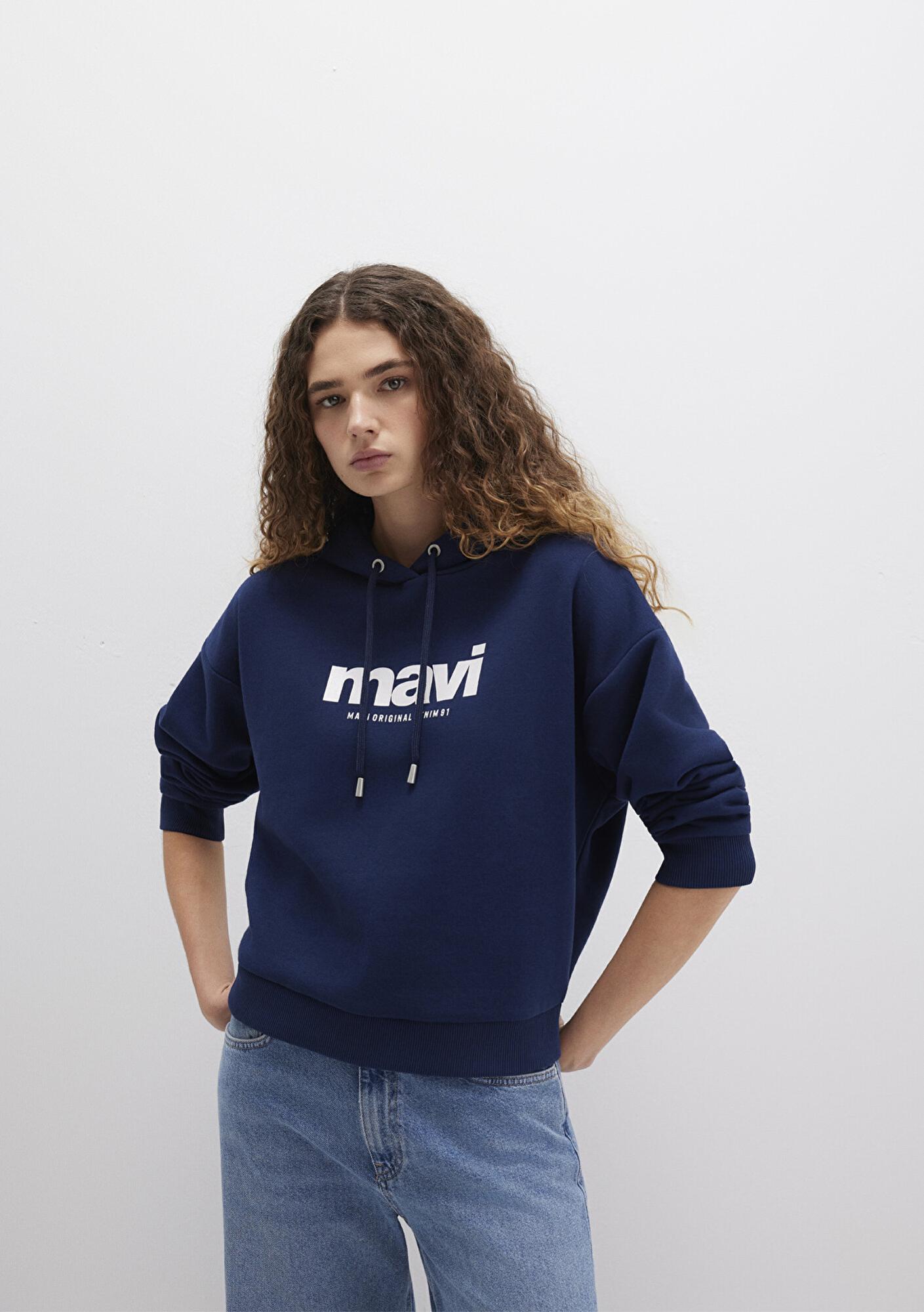 Mavi Mavi Logo Baskılı Kapüşonlu Lacivert Sweatshirt 168334-70488