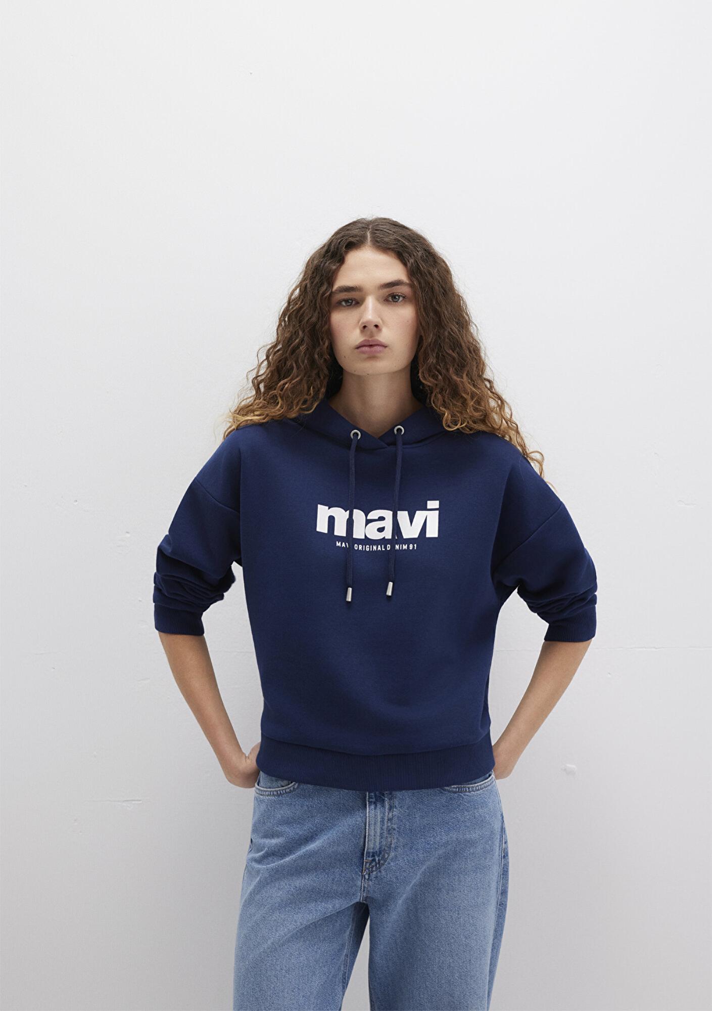 Mavi Mavi Logo Baskılı Kapüşonlu Lacivert Sweatshirt 168334-70488