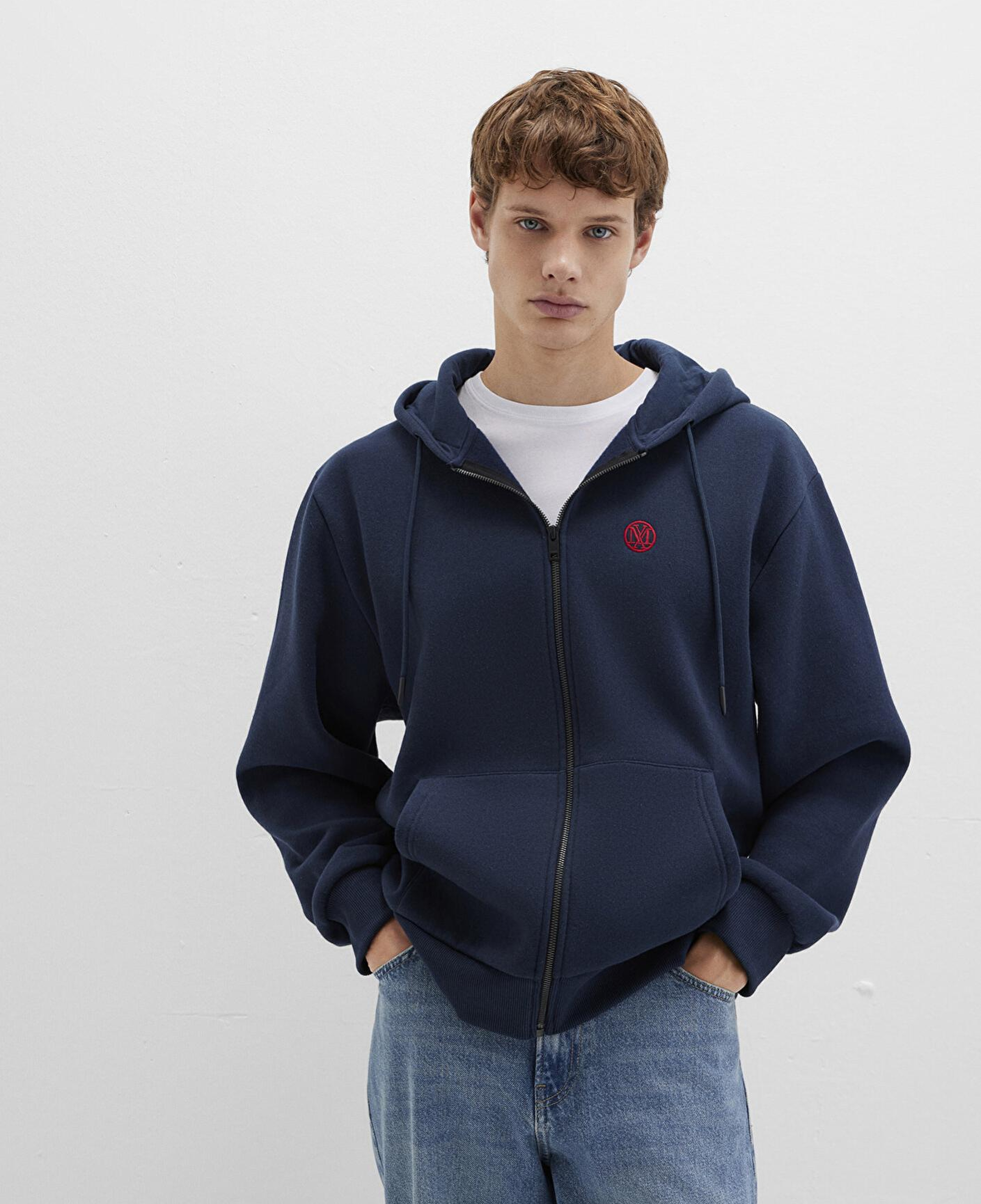 Mavi Mühür Logo Nakışlı Kapüşonlu Fermuarlı Lacivert Sweatshirt 066979-70490