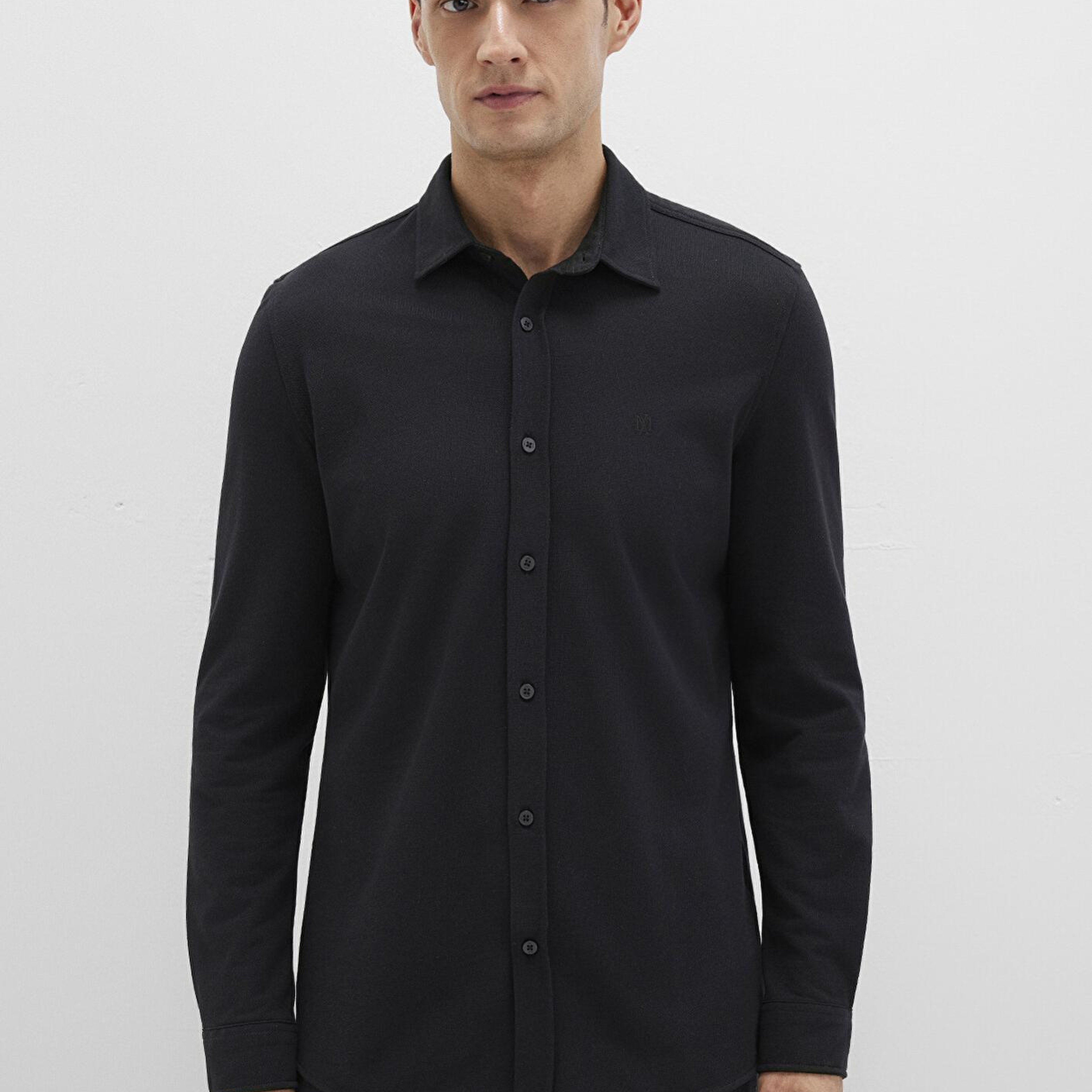 Mavi Siyah Örme Gömlek Fitted / Vücuda Oturan Kesim 0210294-900