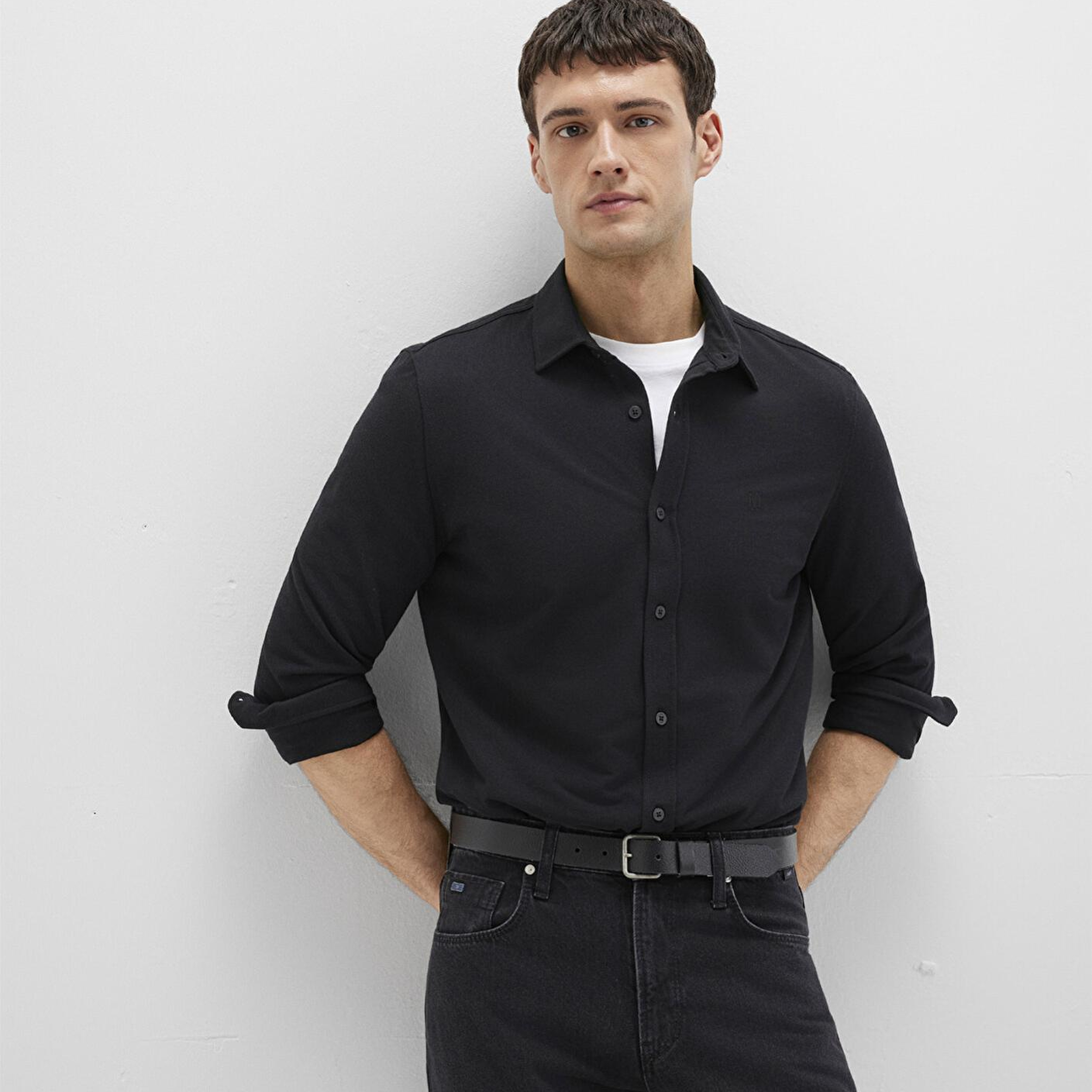 Mavi Siyah Örme Gömlek Fitted / Vücuda Oturan Kesim 0210294-900