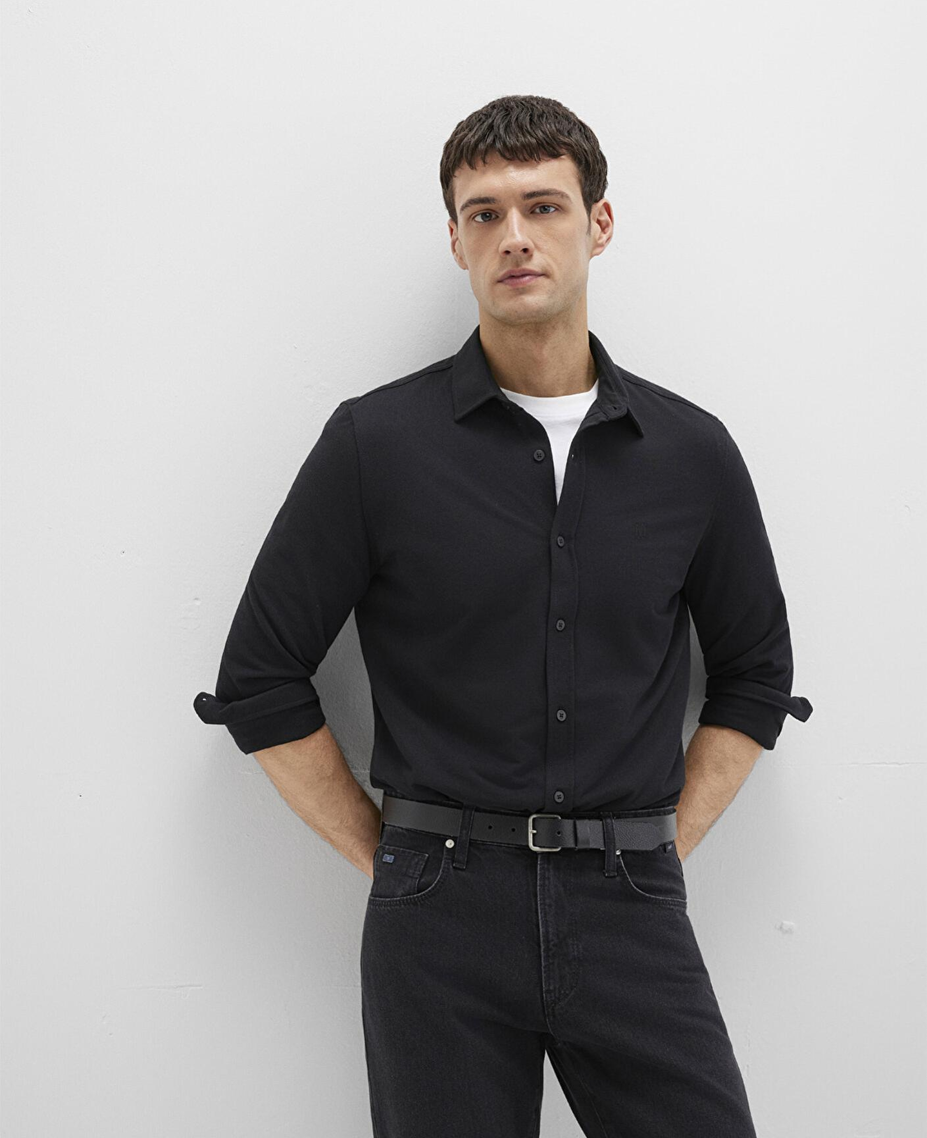 Mavi Siyah Örme Gömlek Fitted / Vücuda Oturan Kesim 0210294-900