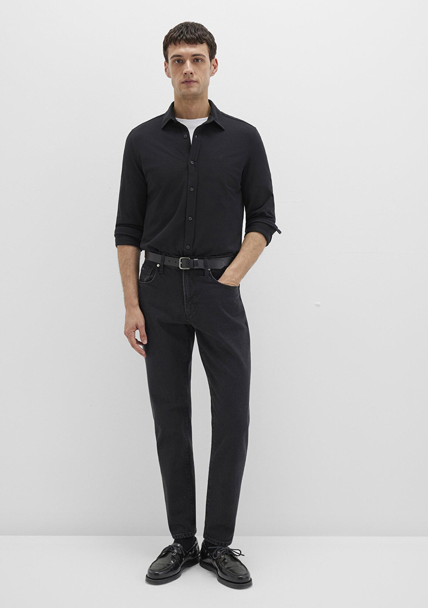 Mavi Siyah Örme Gömlek Fitted / Vücuda Oturan Kesim 0210294-900