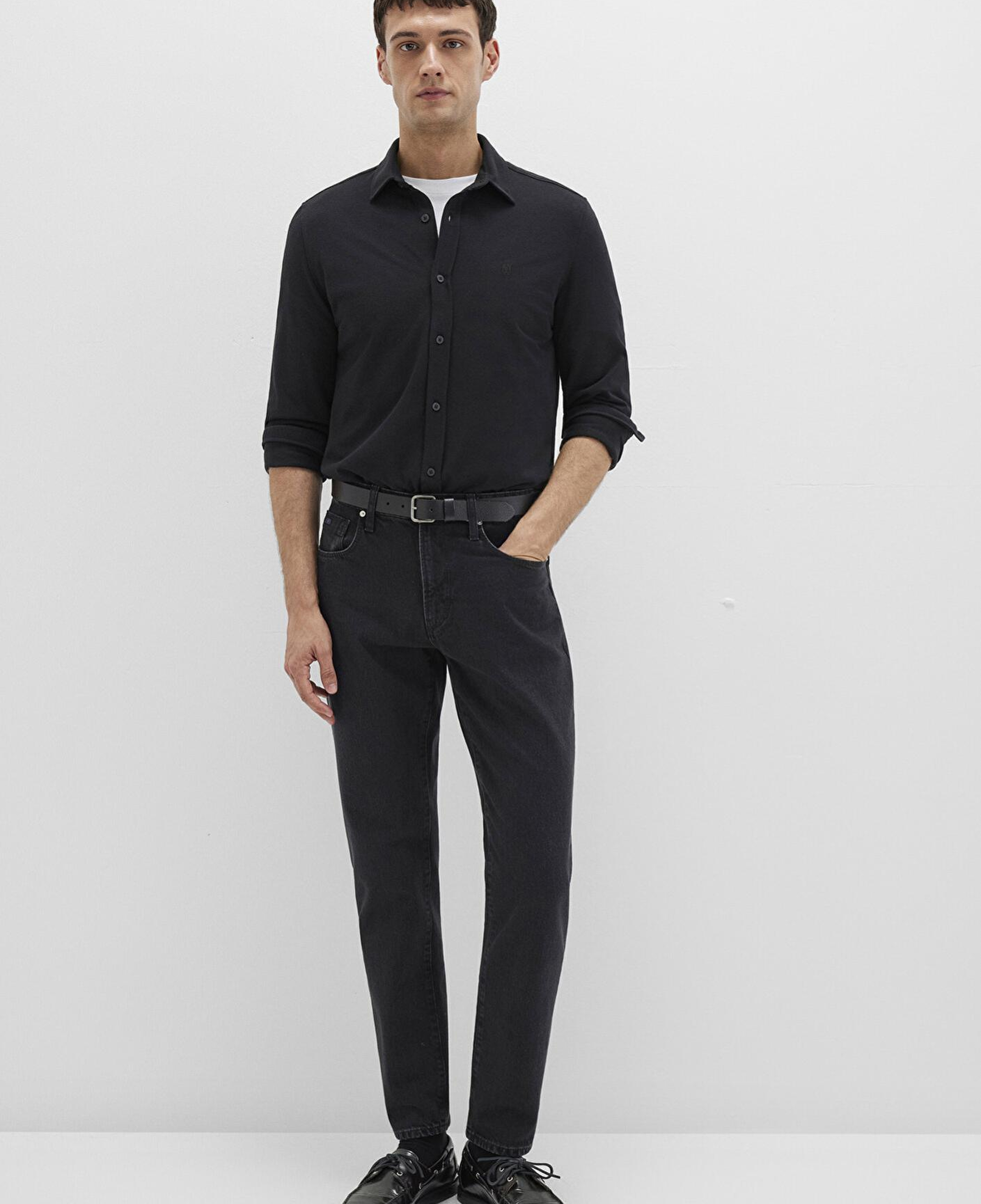 Mavi Siyah Örme Gömlek Fitted / Vücuda Oturan Kesim 0210294-900