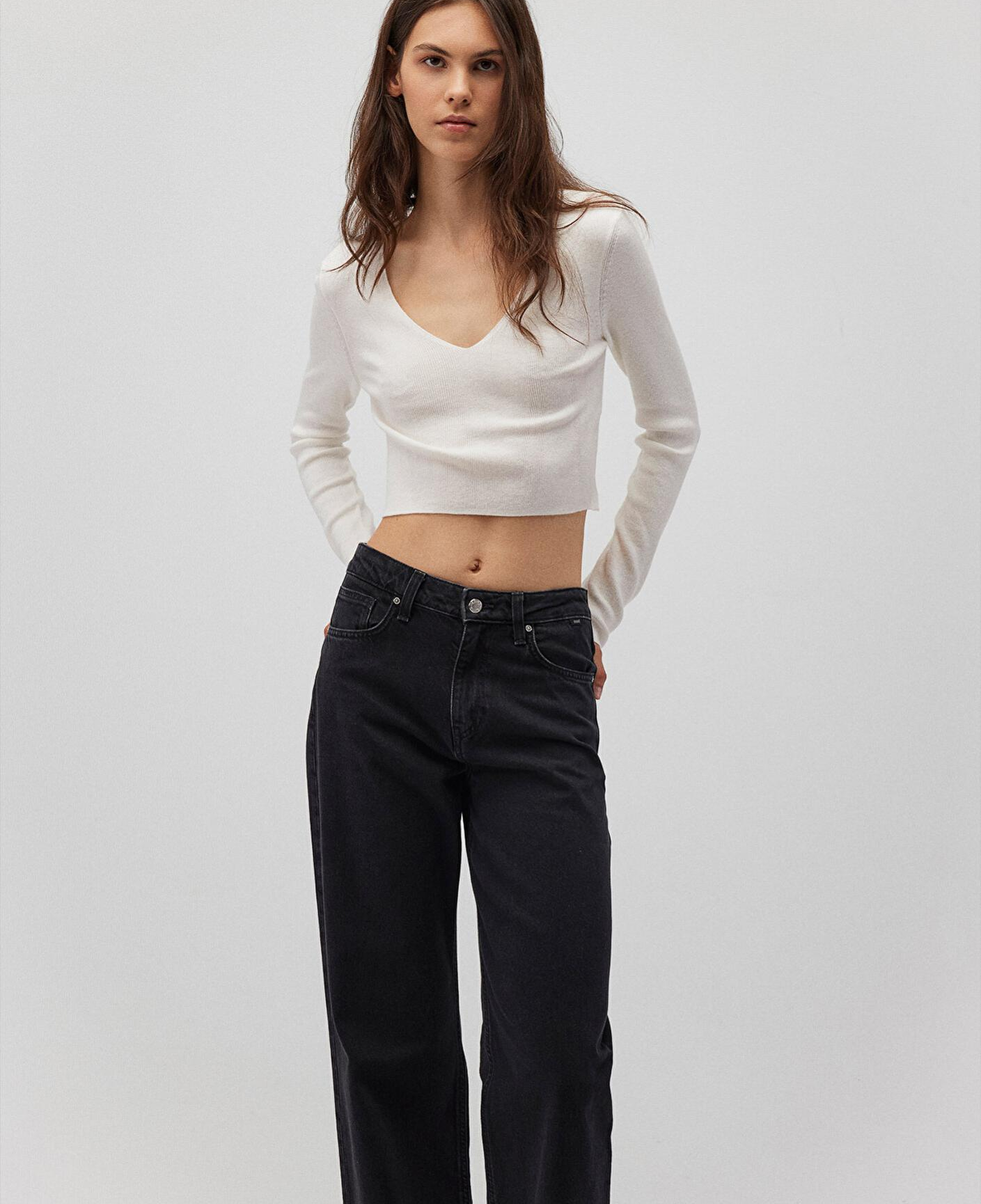 Mavi V Yaka Ekru Kazak Crop / Kısa Kesim 1710122-81964