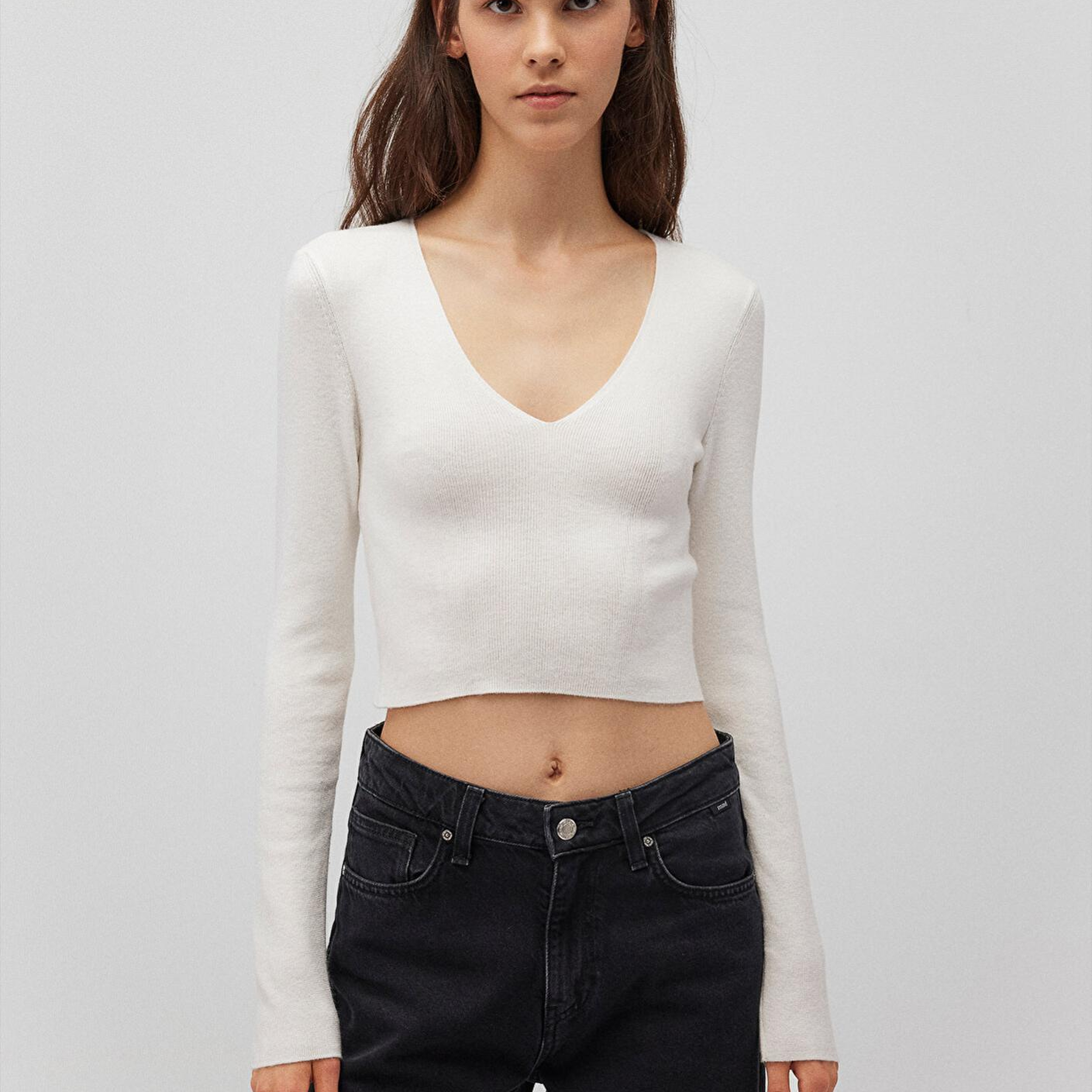 Mavi V Yaka Ekru Kazak Crop / Kısa Kesim 1710122-81964