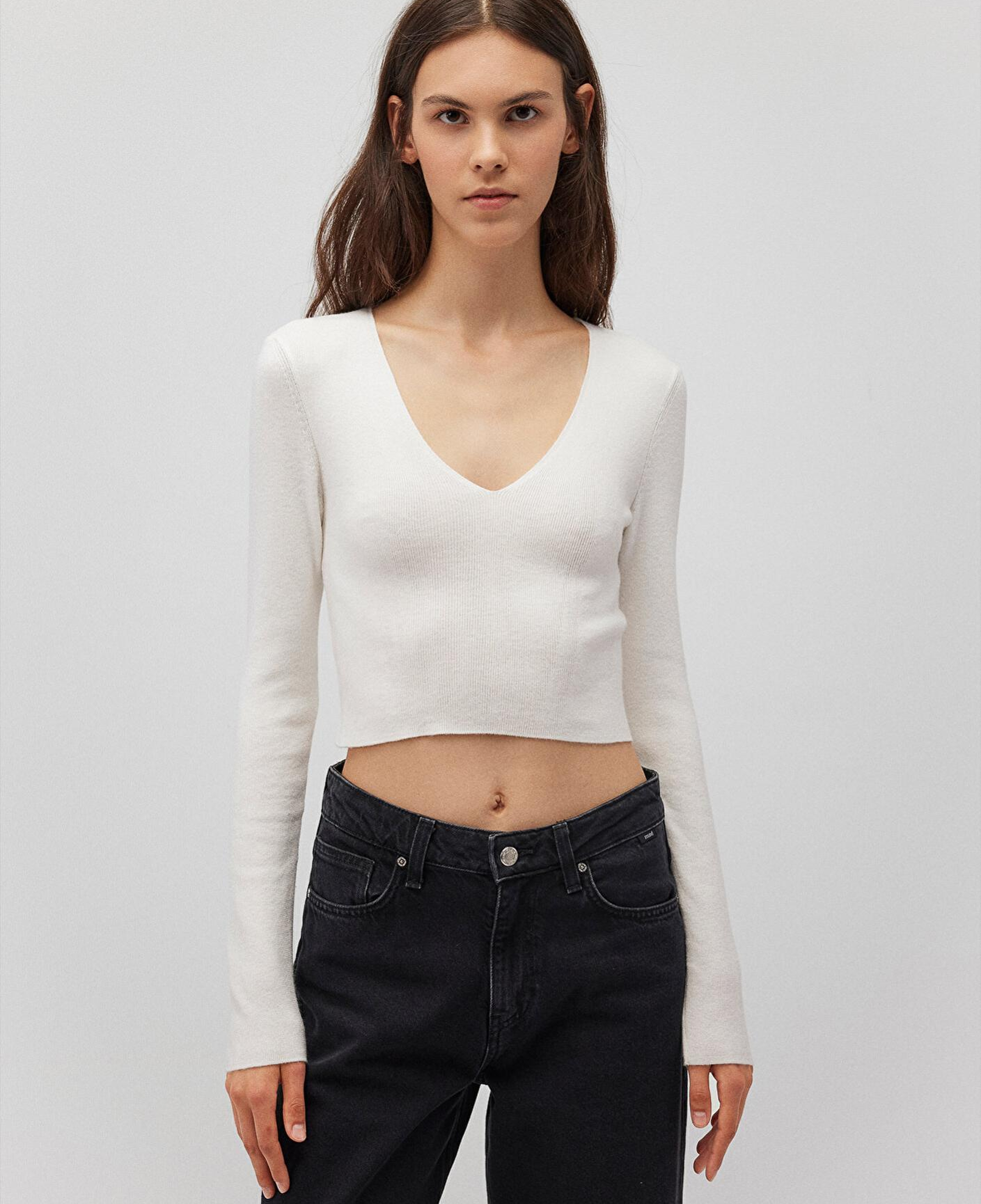 Mavi V Yaka Ekru Kazak Crop / Kısa Kesim 1710122-81964