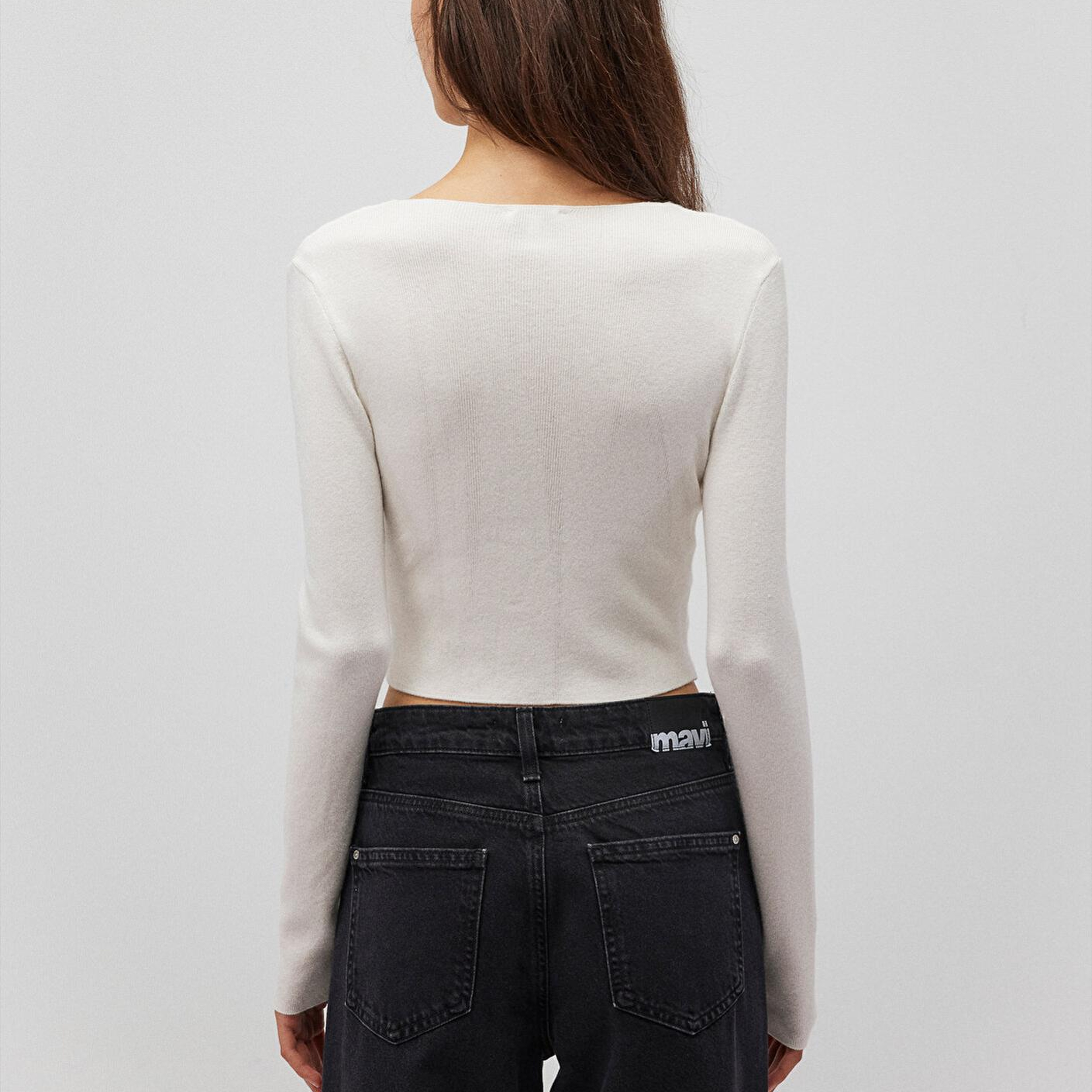 Mavi V Yaka Ekru Kazak Crop / Kısa Kesim 1710122-81964