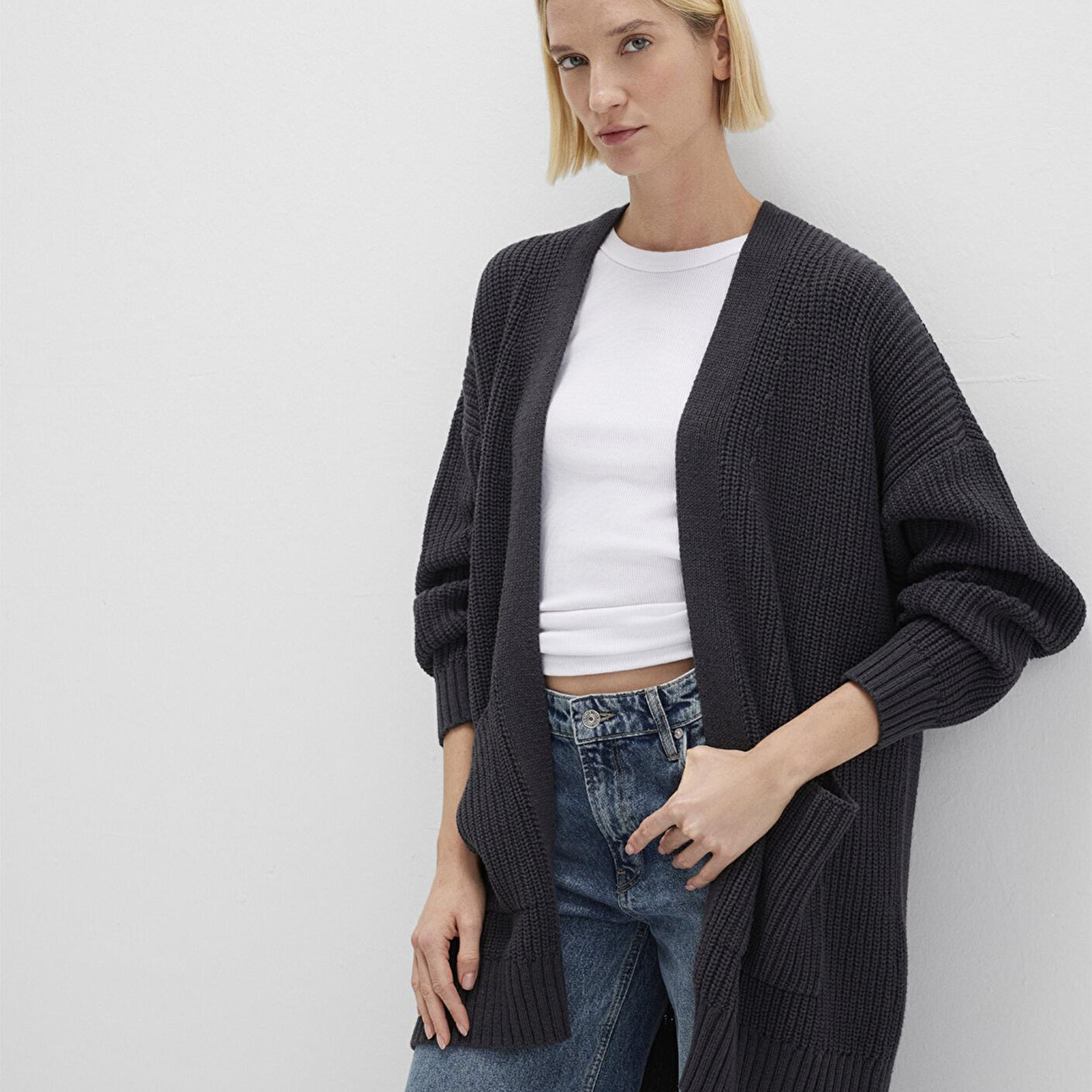 Mavi Uzun Antrasit Hırka Oversize / Geniş Kesim 1710118-80023