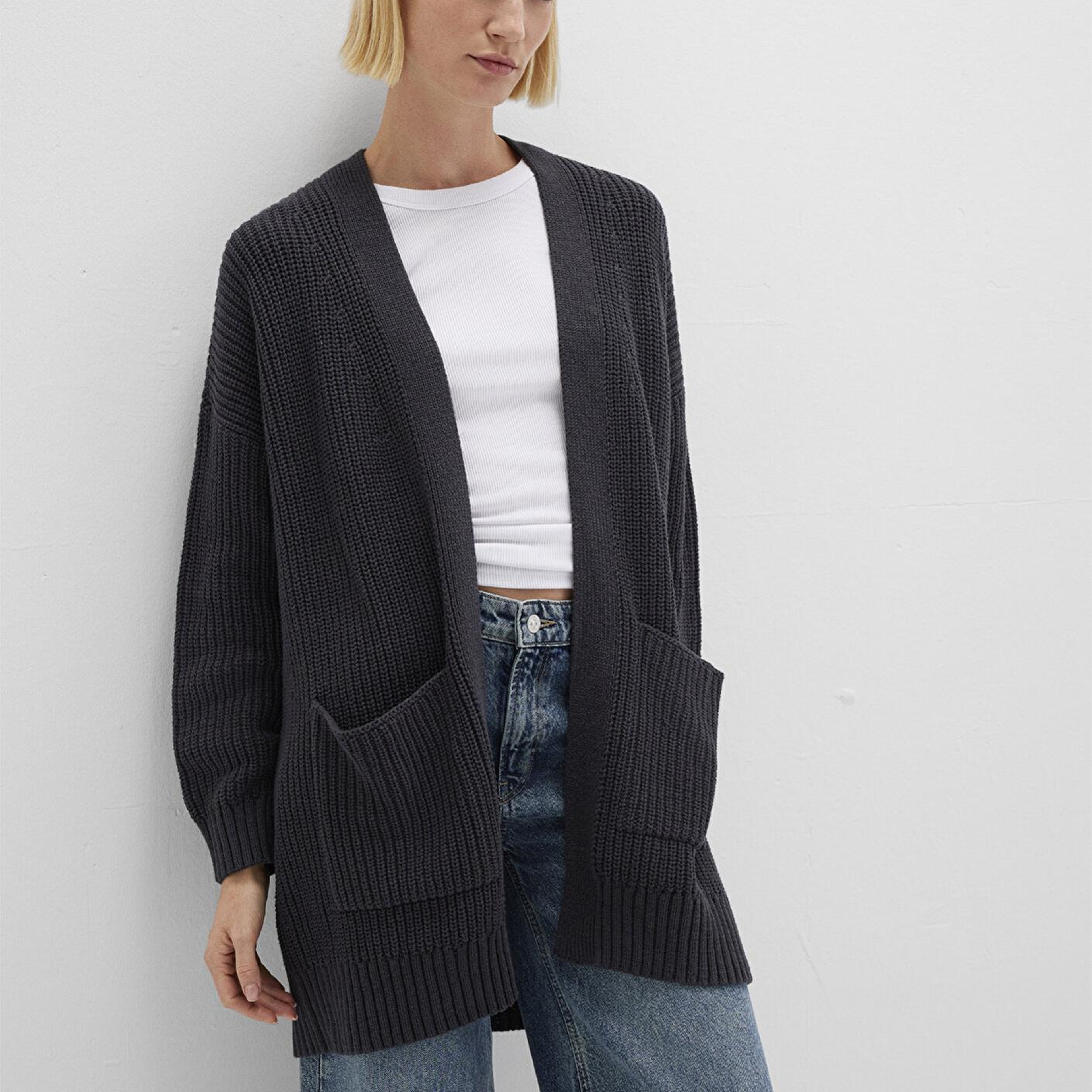 Mavi Uzun Antrasit Hırka Oversize / Geniş Kesim 1710118-80023