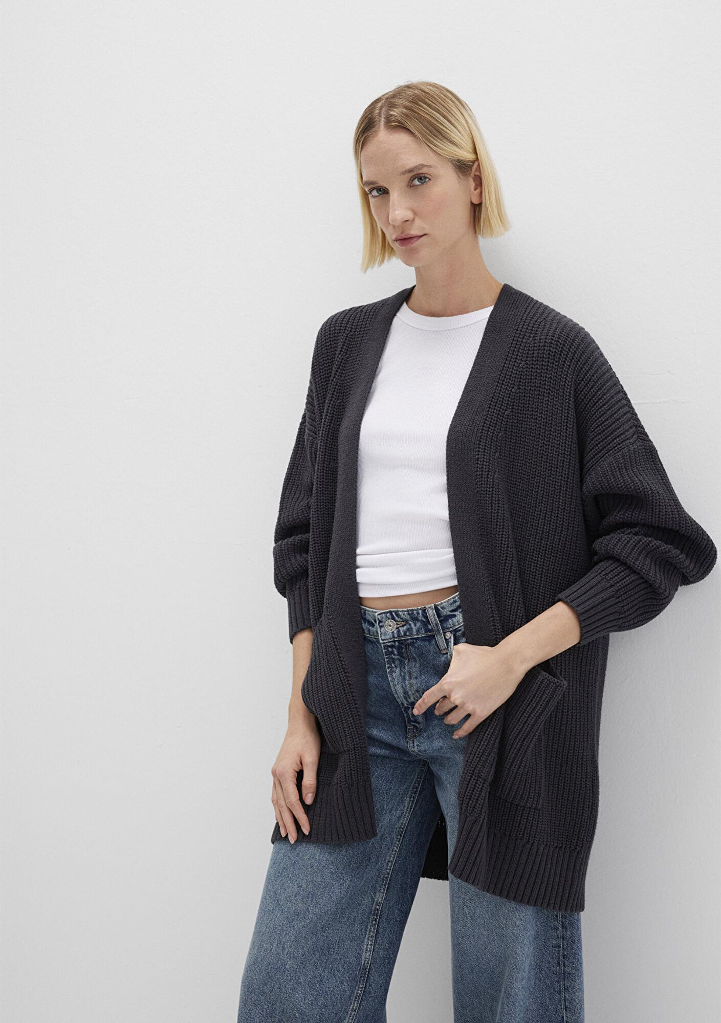 Mavi Uzun Antrasit Hırka Oversize / Geniş Kesim 1710118-80023