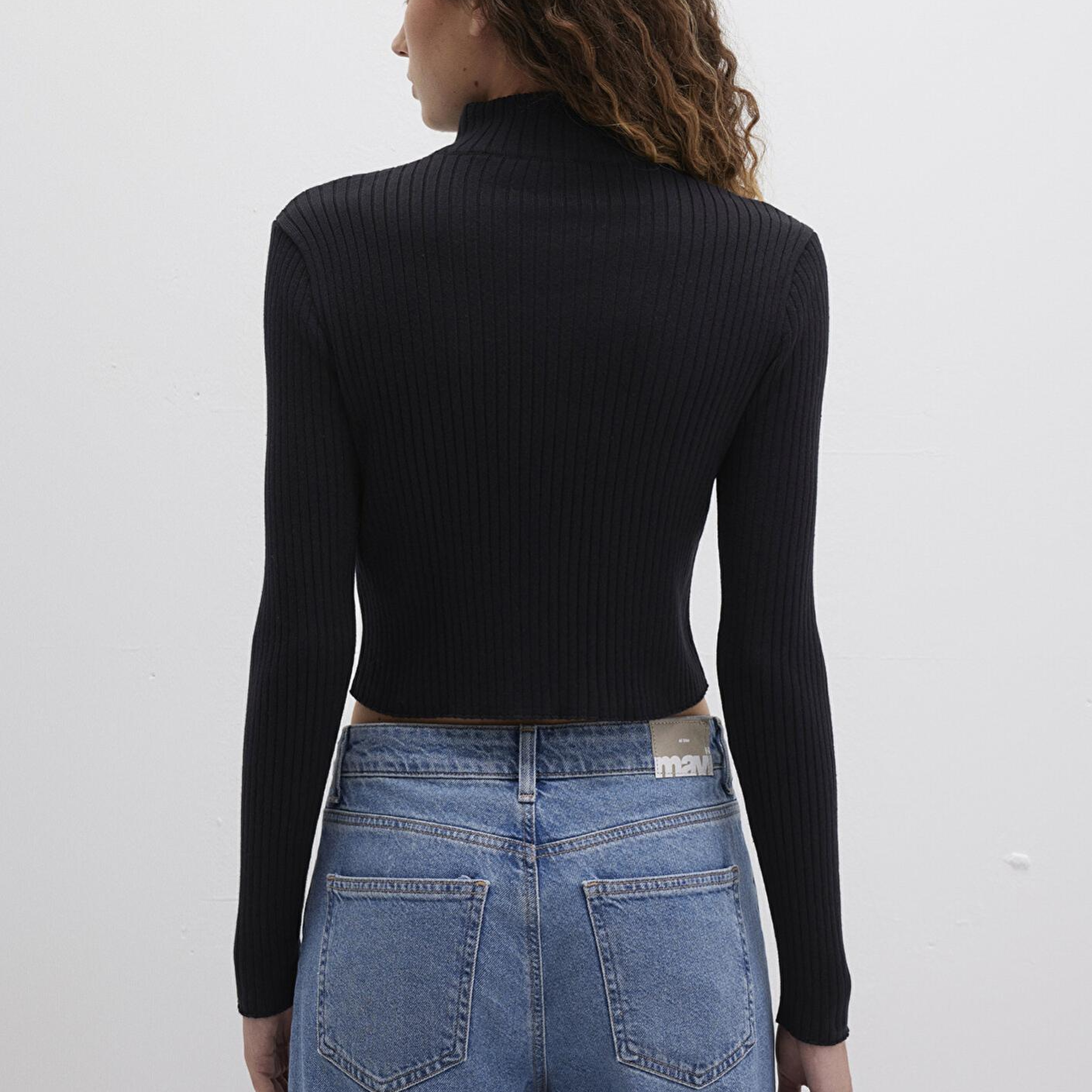 Mavi Çift Yön Fermuarlı Siyah Triko Crop / Kısa Kesim 171469-900