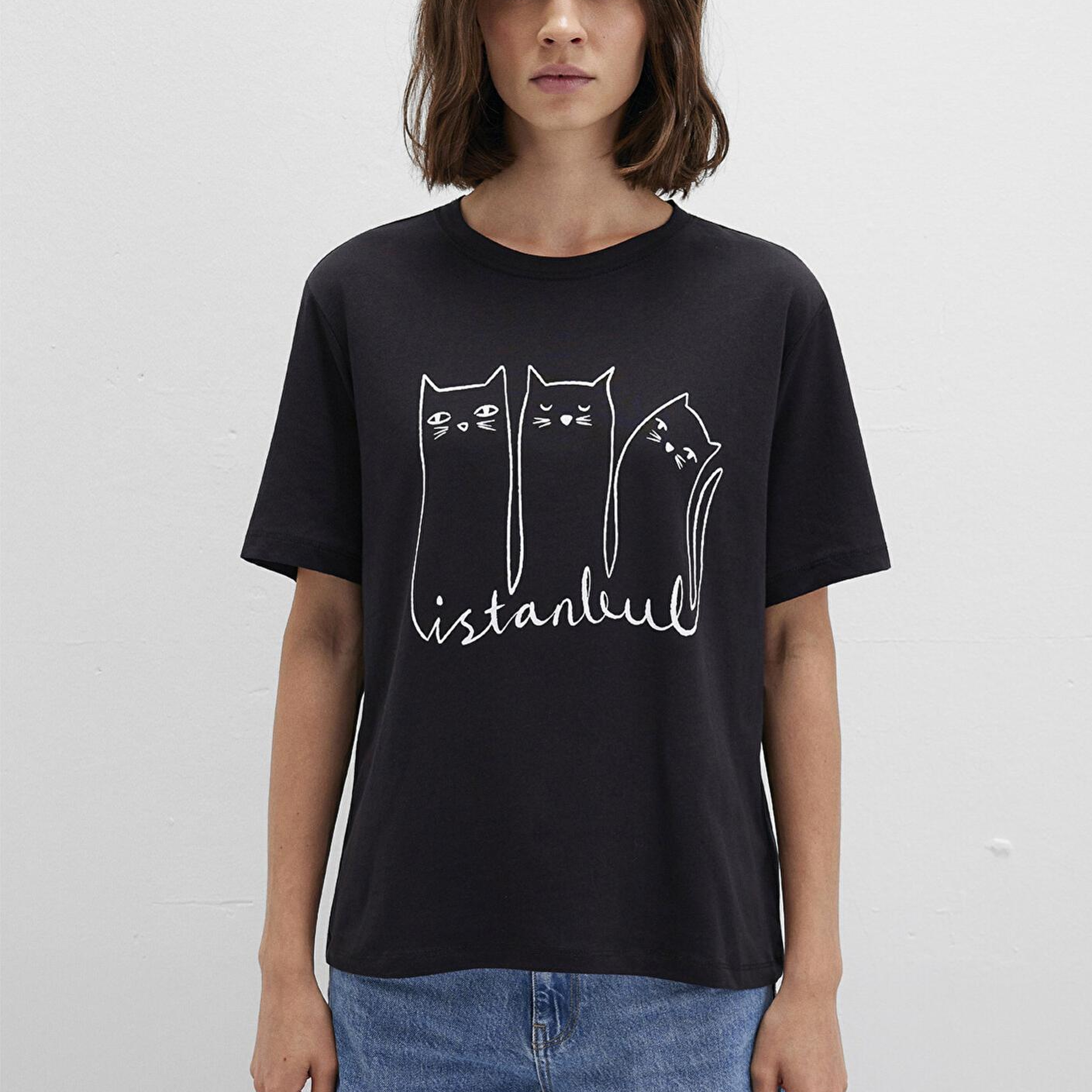 Mavi Kedi Baskılı Antrasit İstanbul Tişört Regular Fit / Normal Kesim 1610674-70087