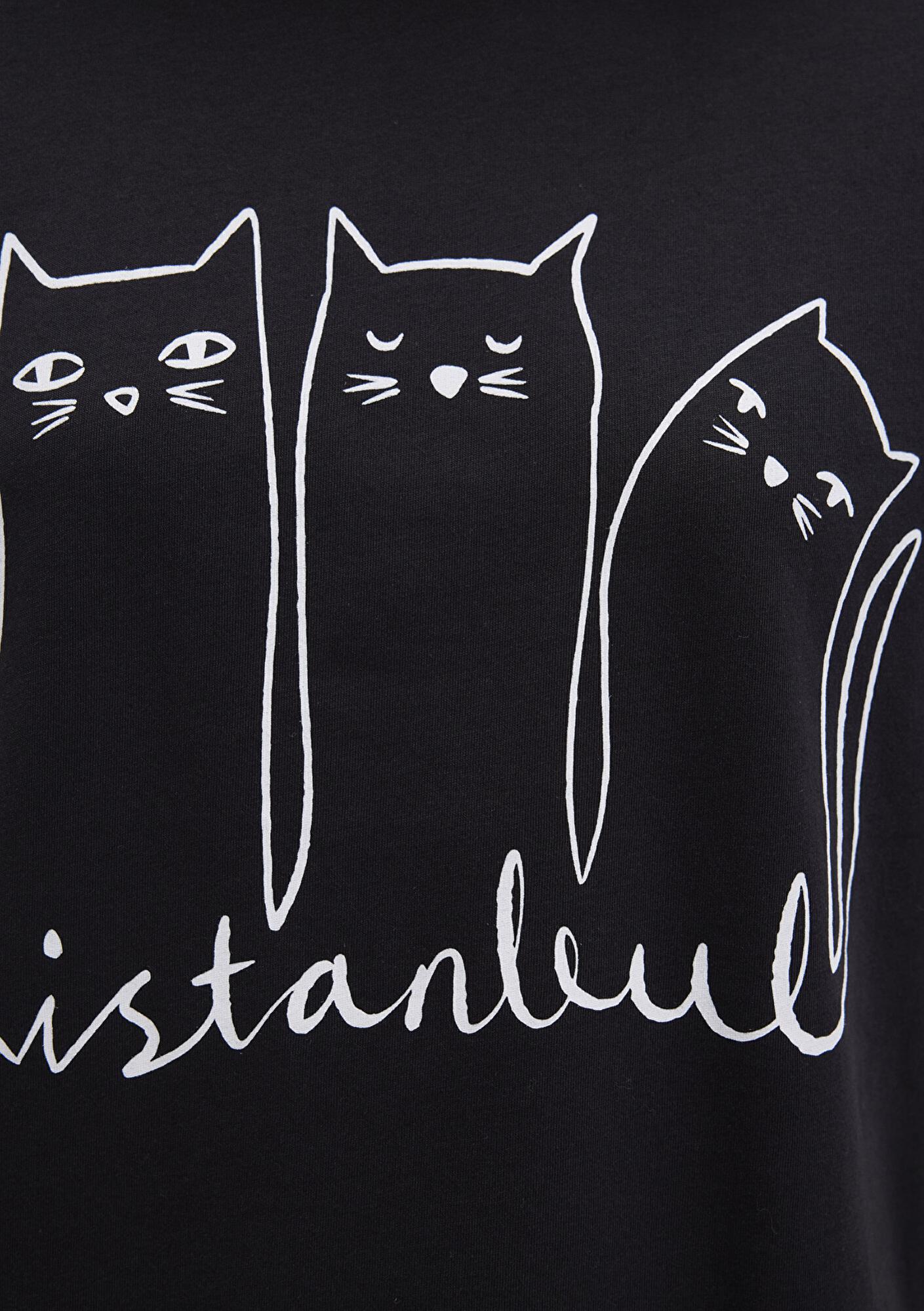 Mavi Kedi Baskılı Antrasit İstanbul Tişört Regular Fit / Normal Kesim 1610674-70087