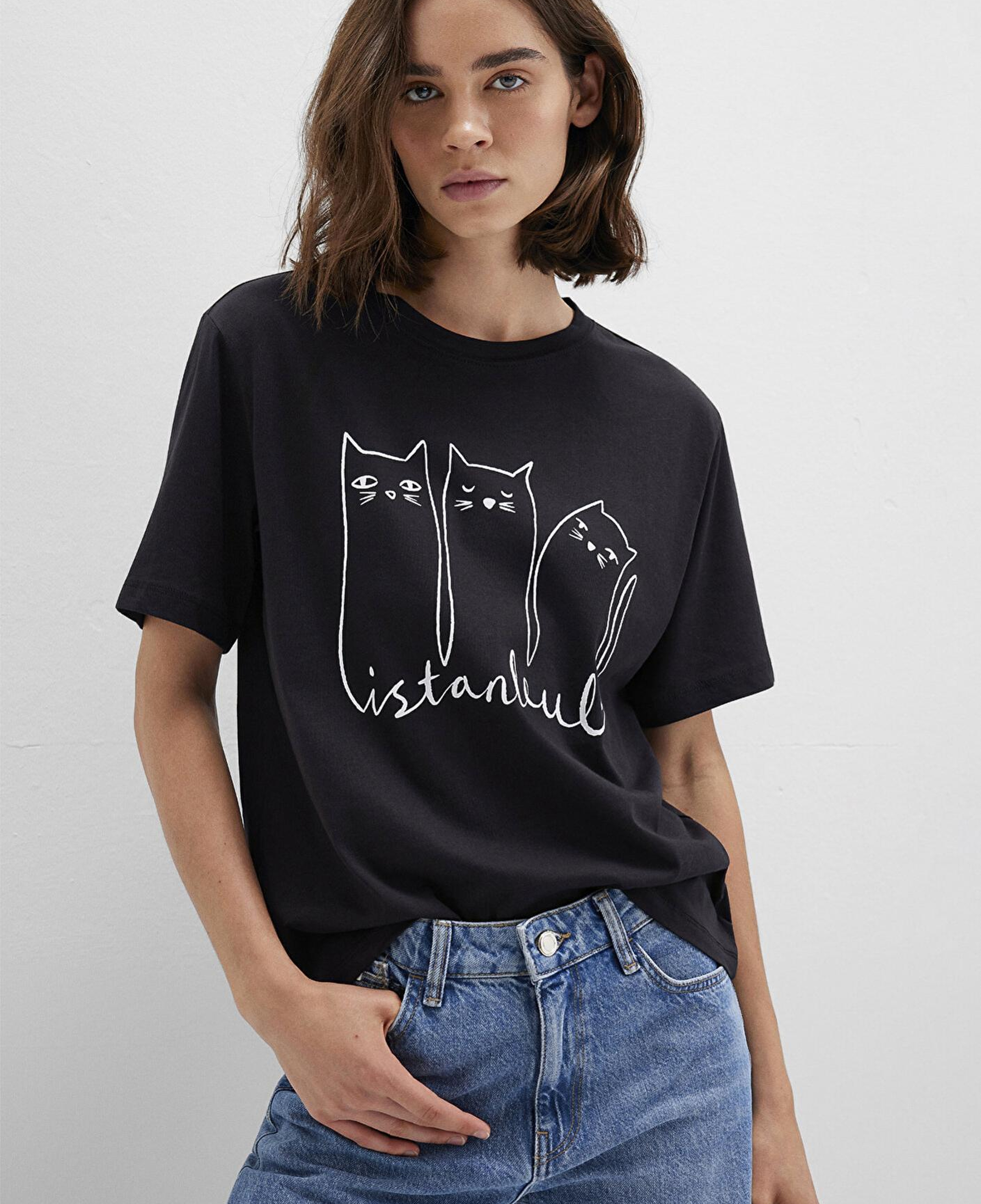 Mavi Kedi Baskılı Antrasit İstanbul Tişört Regular Fit / Normal Kesim 1610674-70087