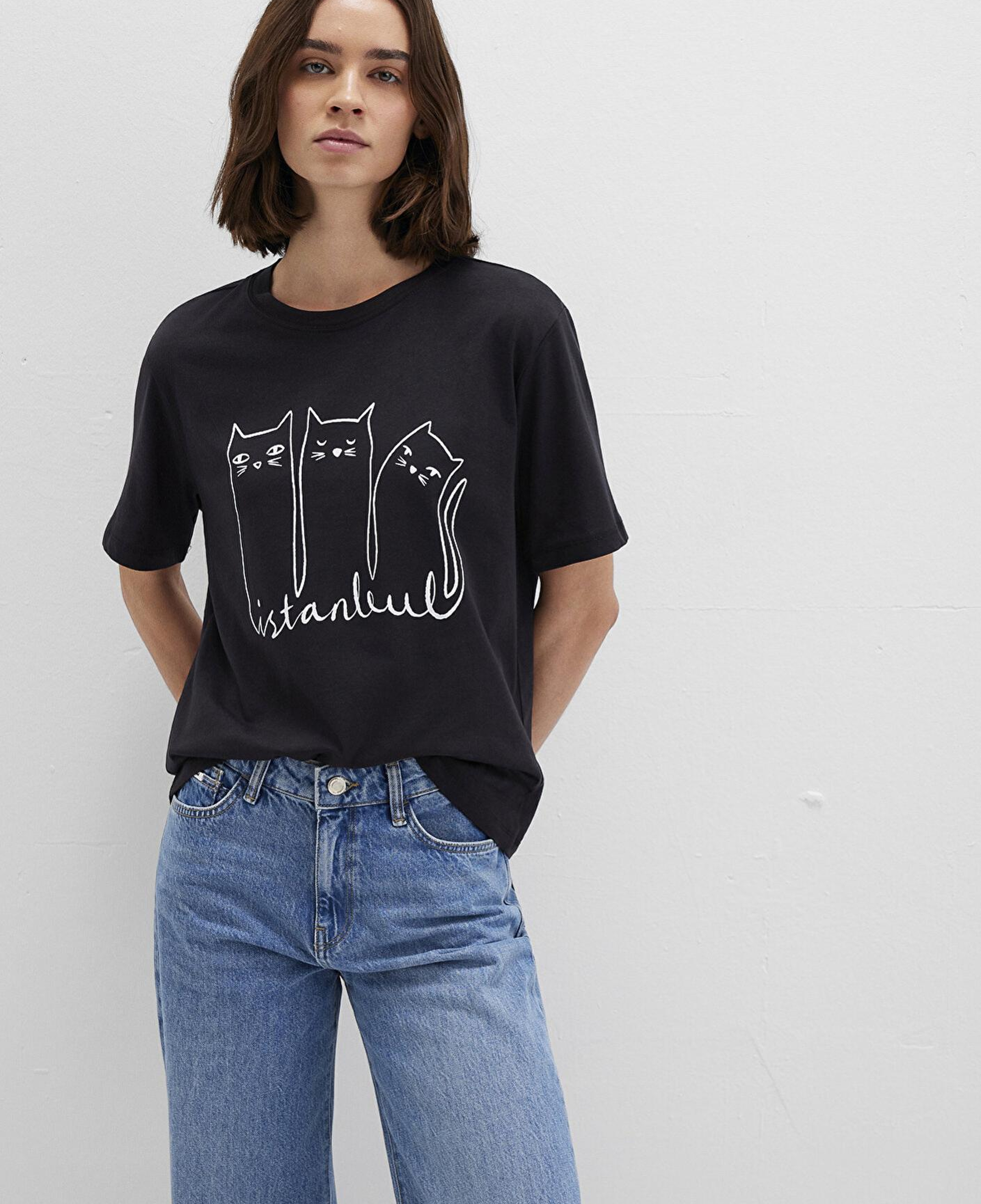 Mavi Kedi Baskılı Antrasit İstanbul Tişört Regular Fit / Normal Kesim 1610674-70087