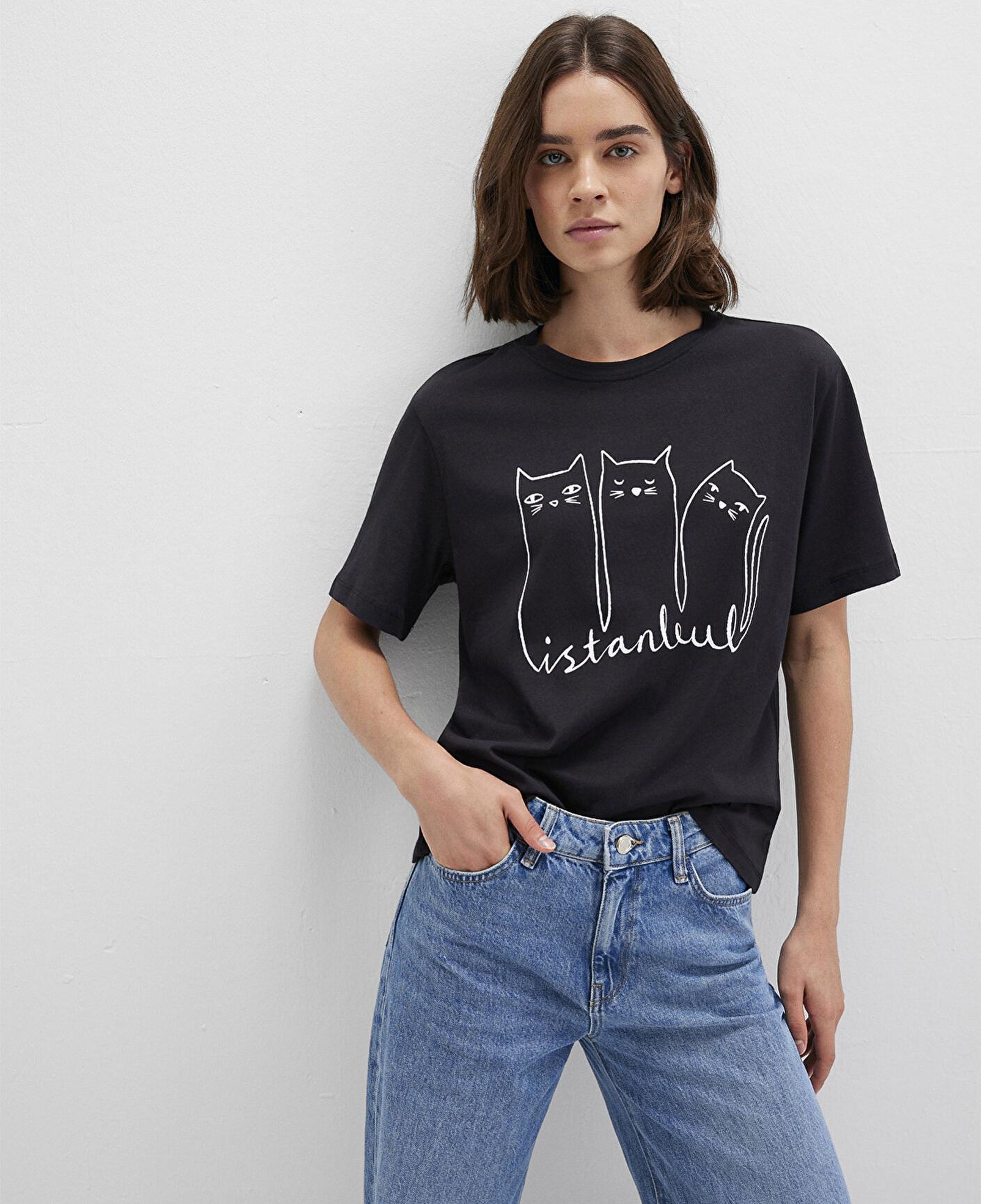 Mavi Kedi Baskılı Antrasit İstanbul Tişört Regular Fit / Normal Kesim 1610674-70087