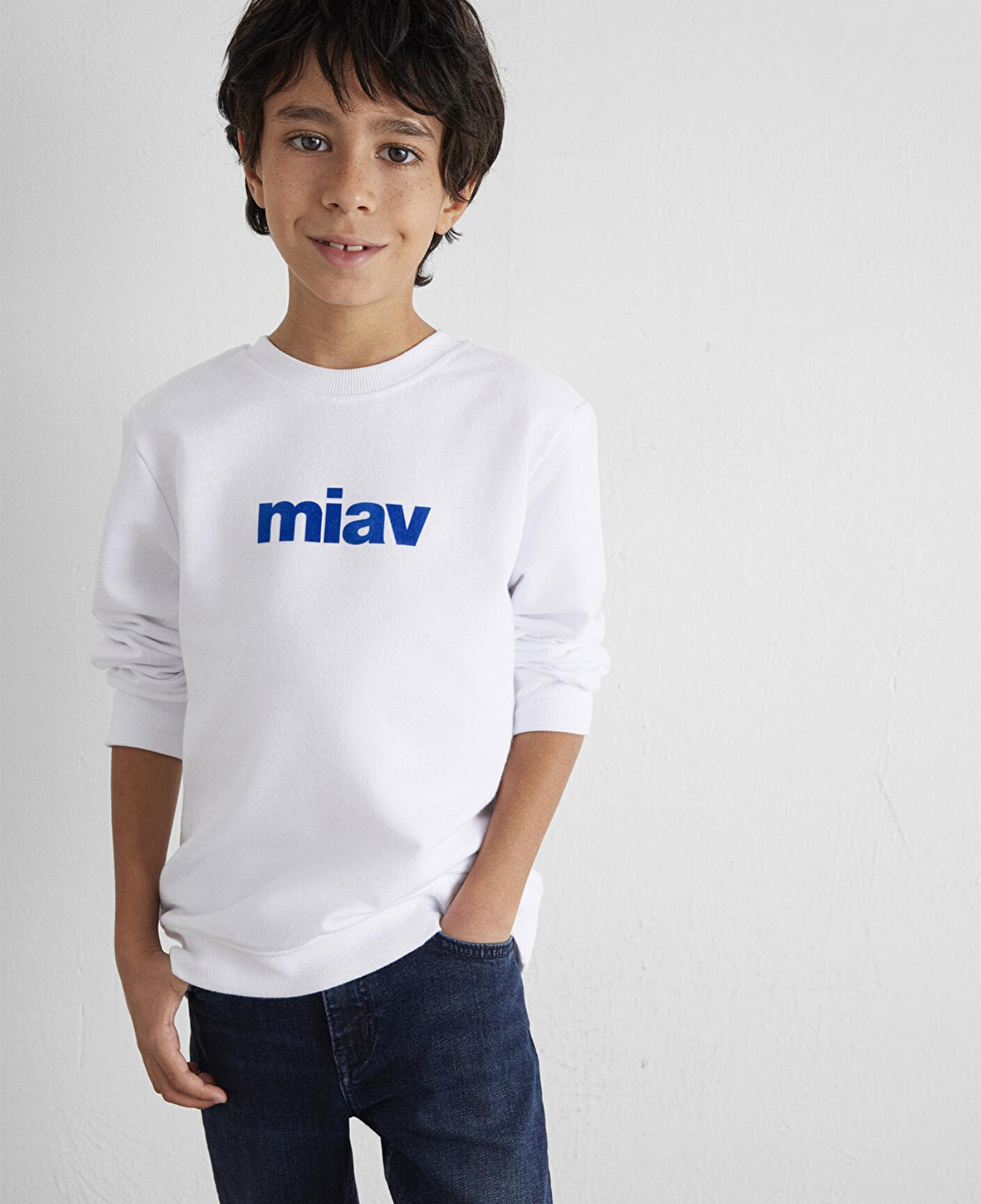 Mavi Miav Baskılı Beyaz Çocuk Sweatshirt 6610031-620