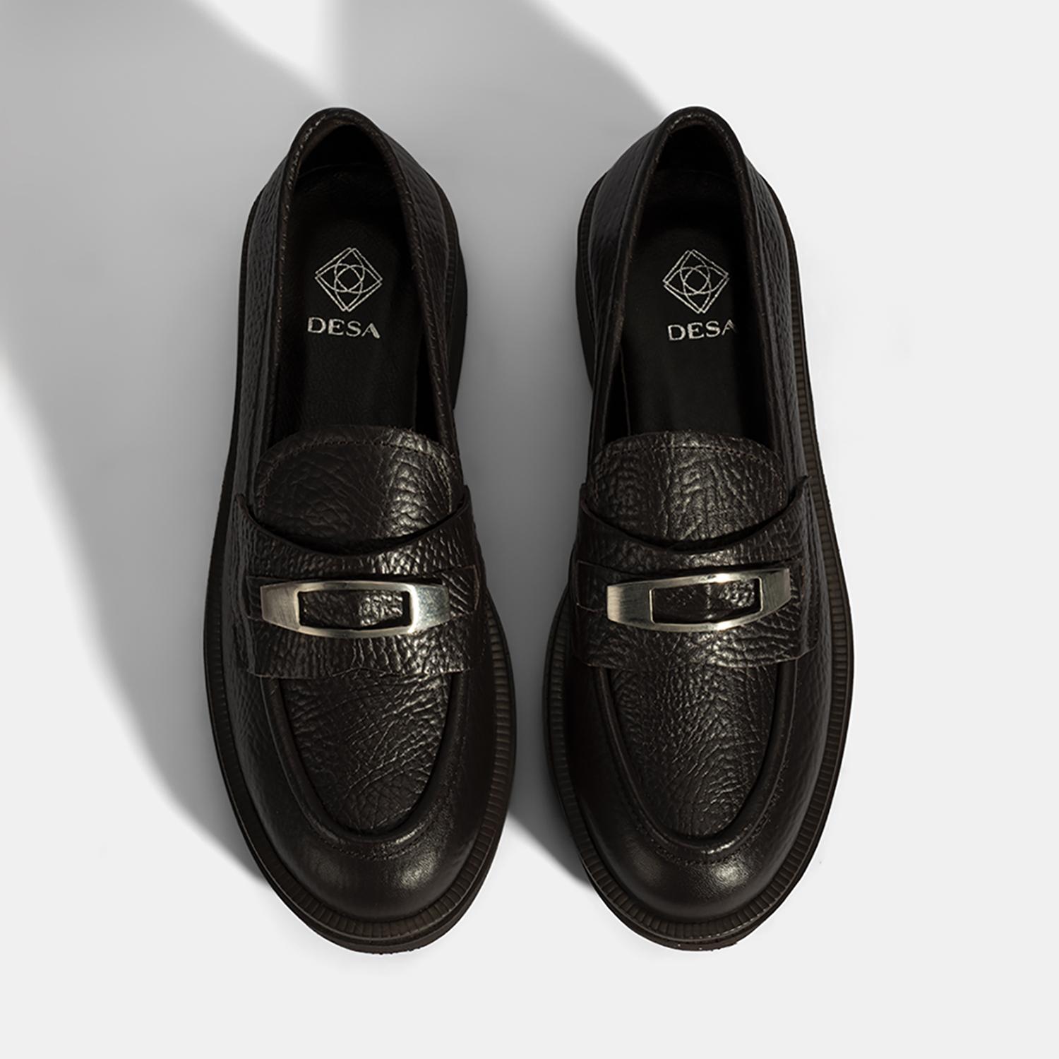 Kadın Kahve Toka Aksesuarlı Kalın Tabanlı Deri Loafer